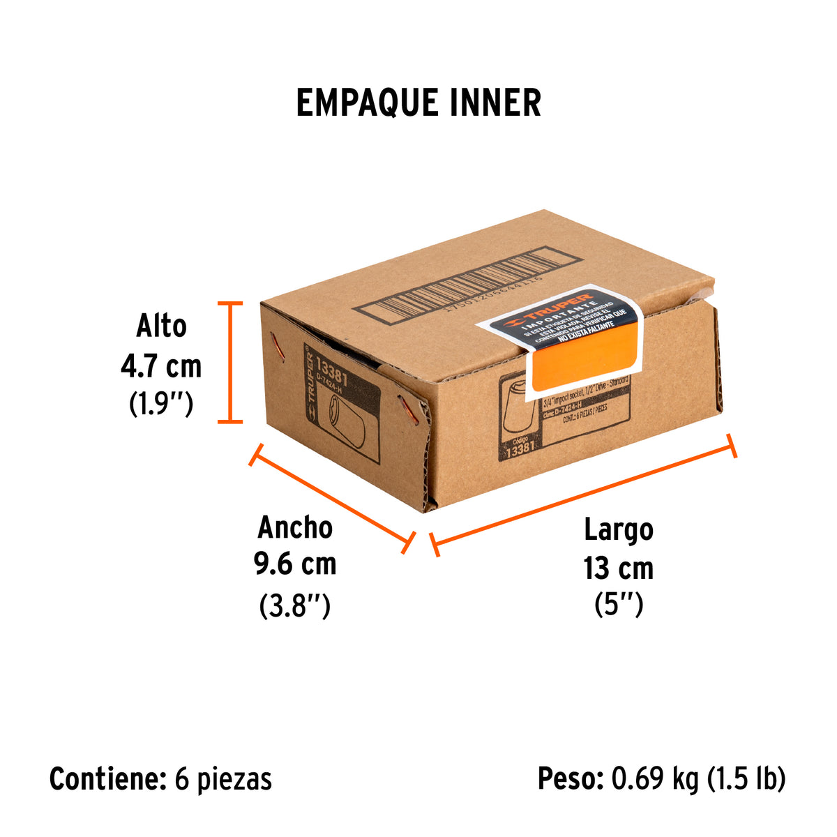 Dado de impacto, 6 puntas, cuadro 1/2" de 3/4"
