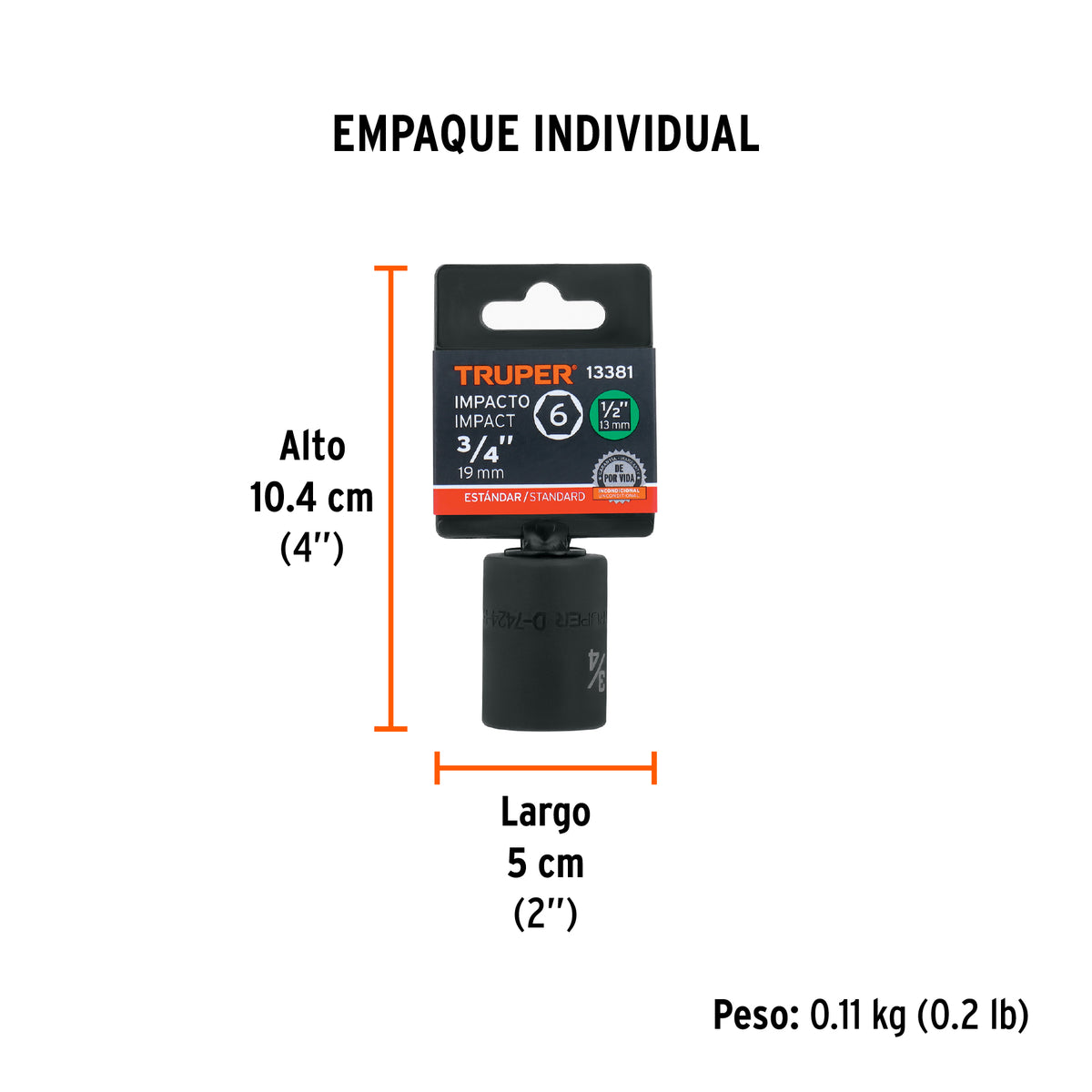 Dado de impacto, 6 puntas, cuadro 1/2" de 3/4"