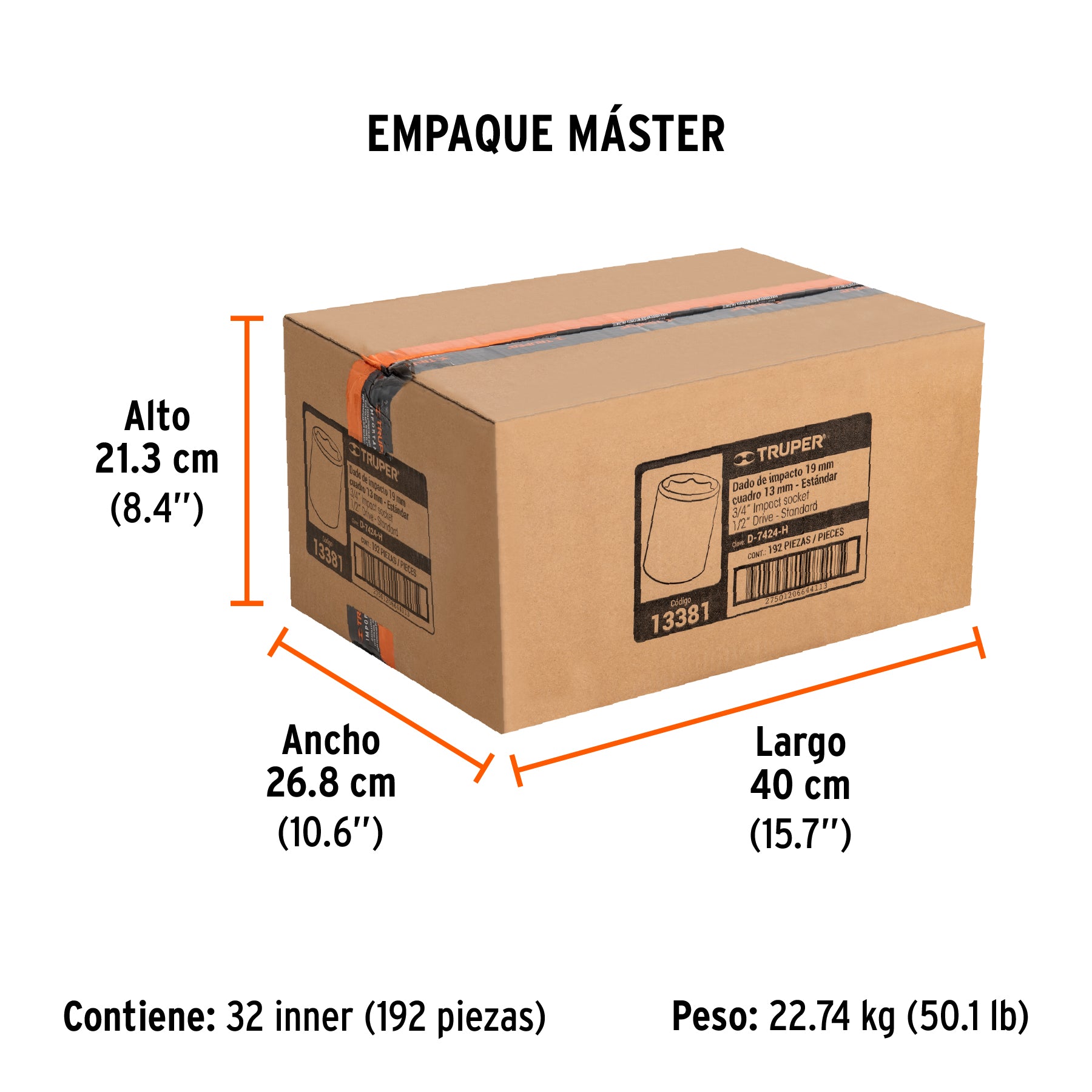 Dado de impacto, 6 puntas, cuadro 1/2" de 3/4"