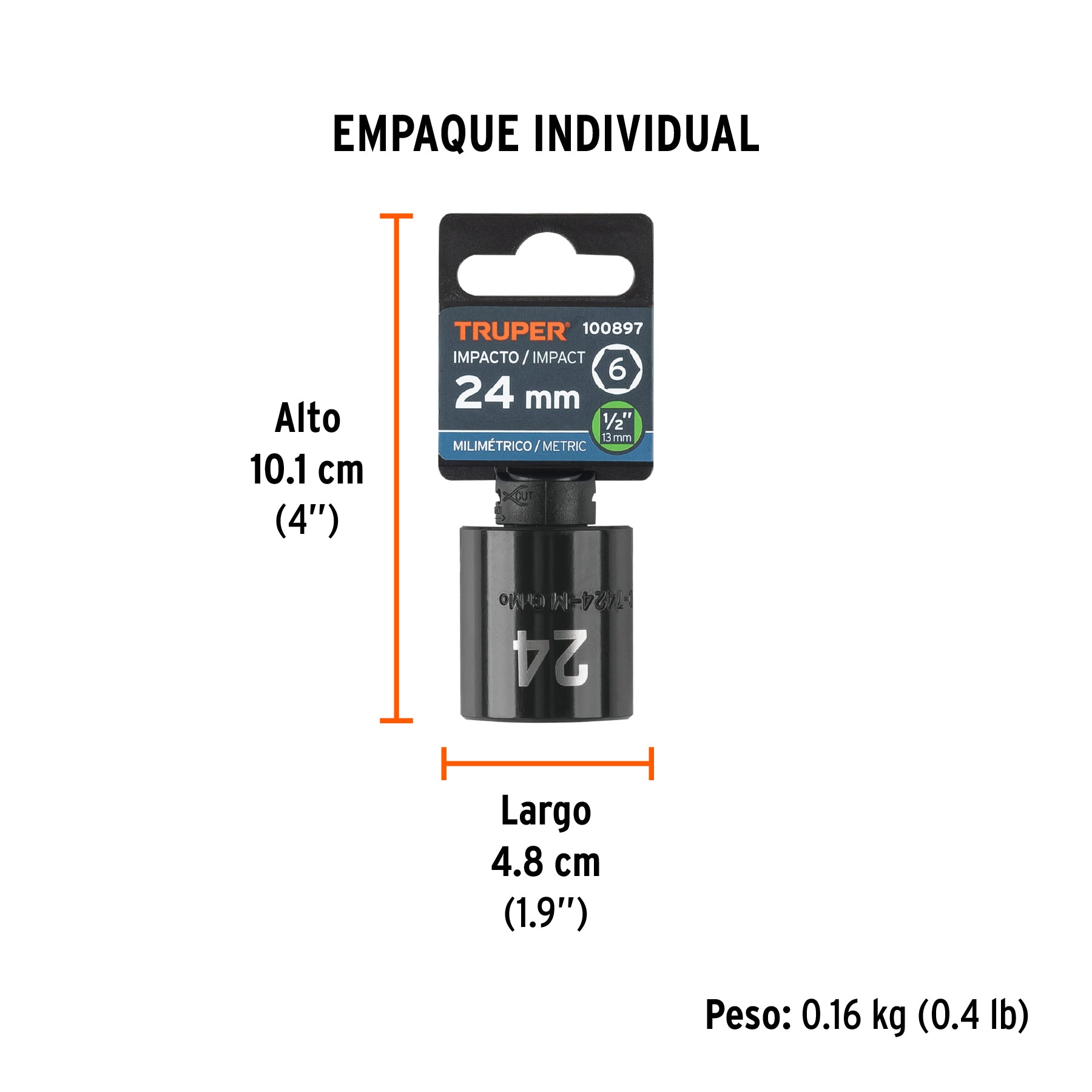 Dado de impacto de 24 mm, 6 puntas, cuadro 1/2', Truper