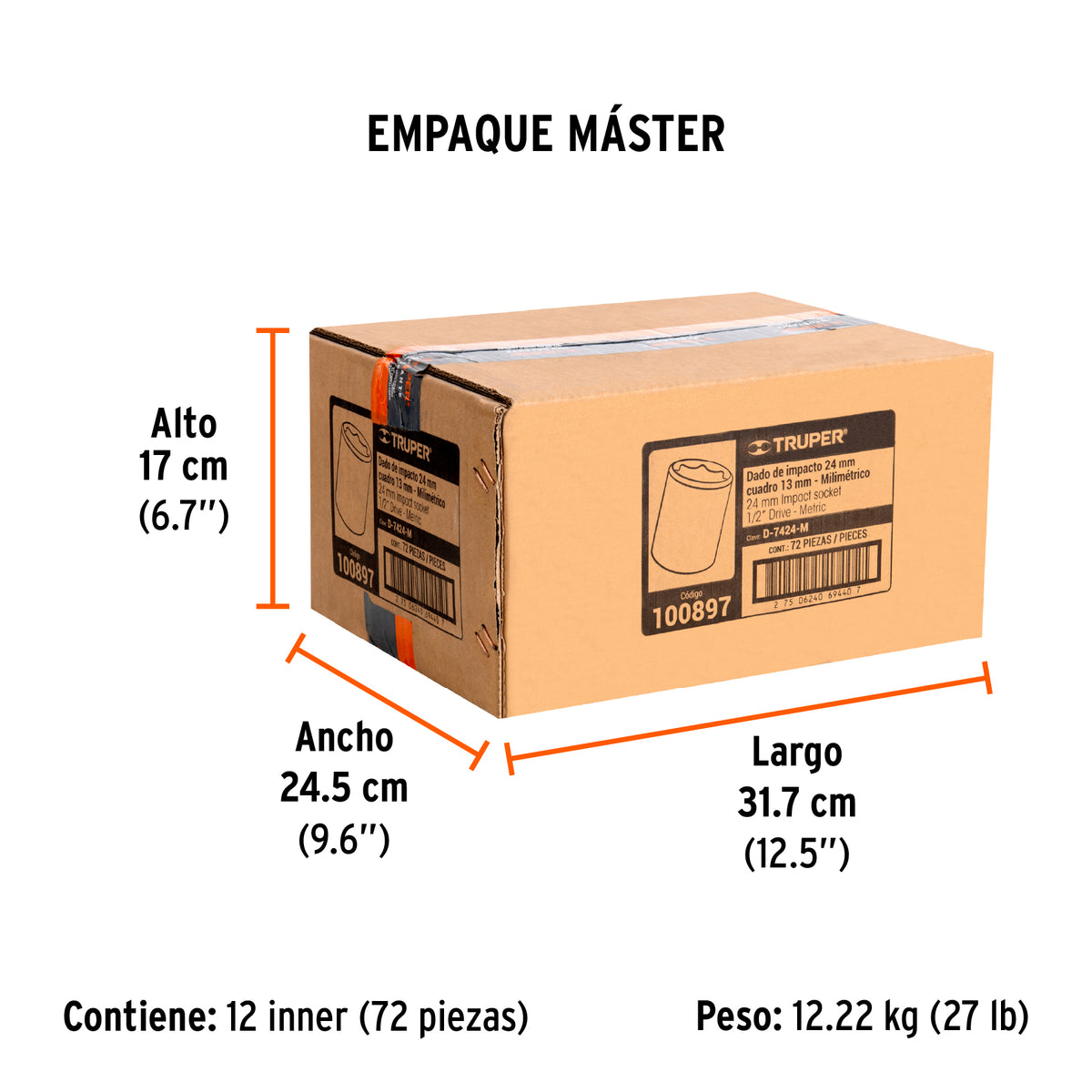Dado de impacto de 24 mm, 6 puntas, cuadro 1/2', Truper