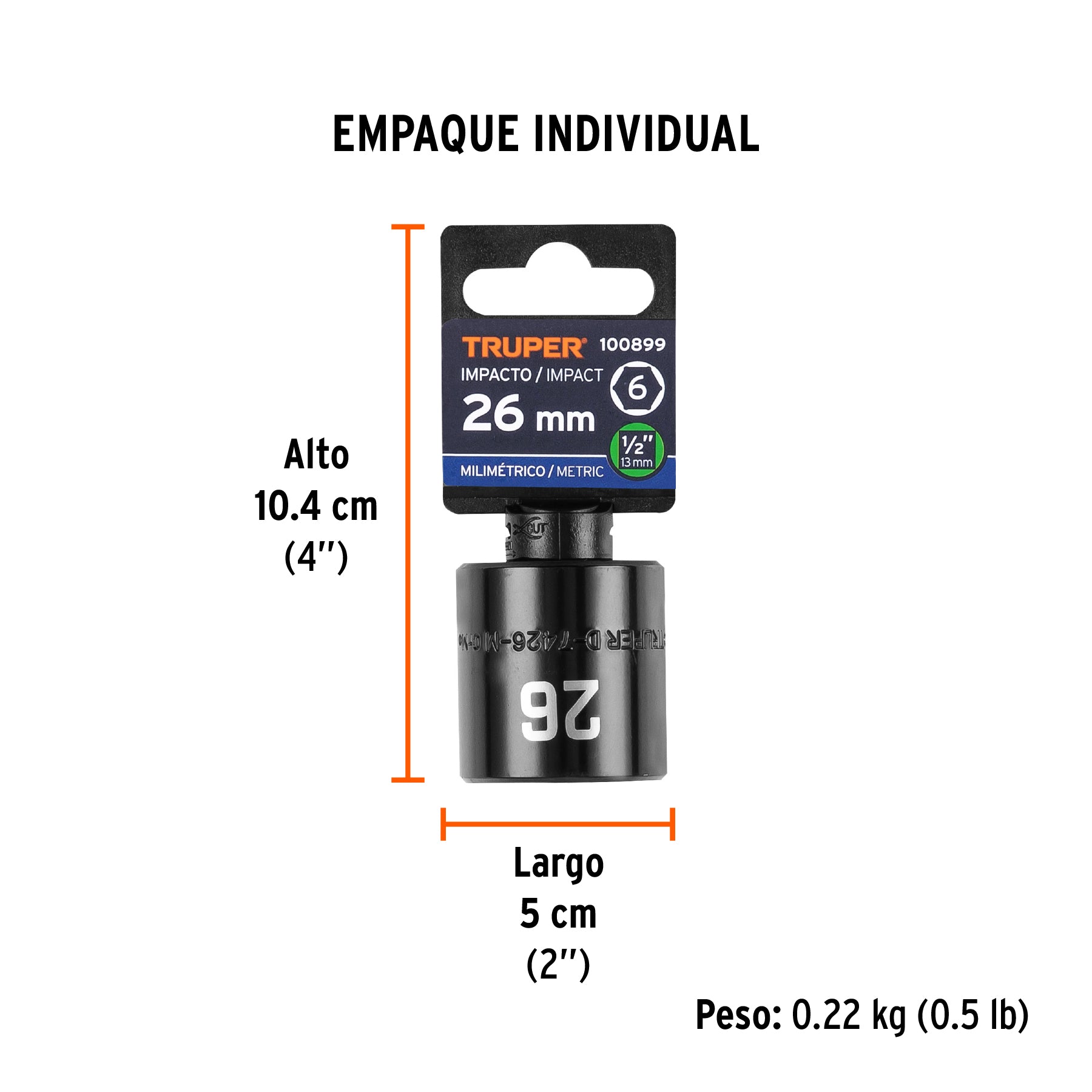 Dado de impacto de 26 mm, 6 puntas, cuadro 1/2', Truper