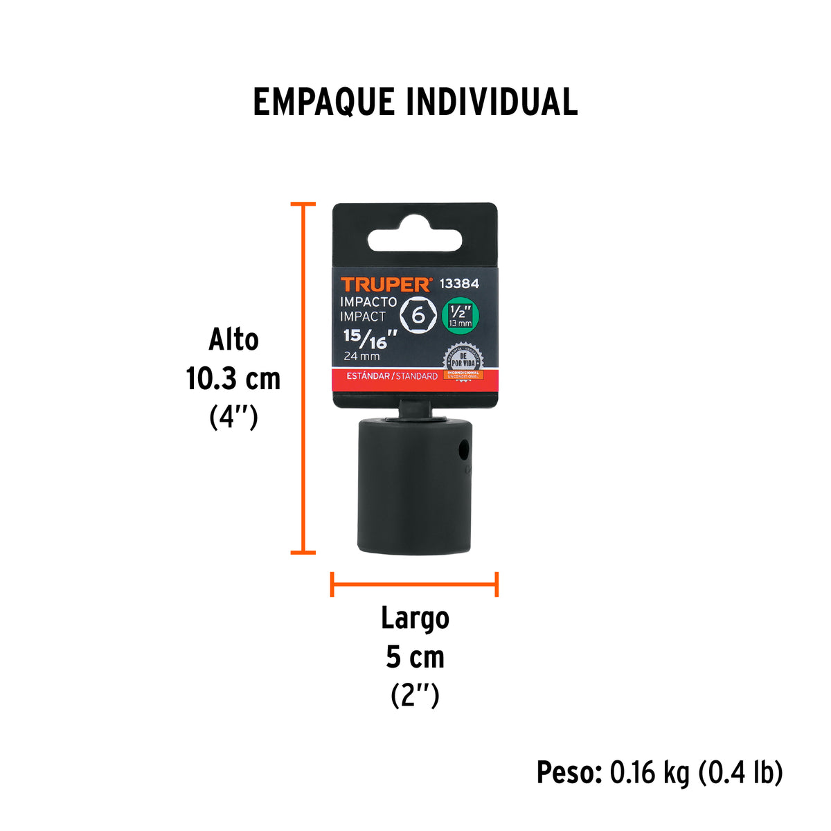 Dado de impacto, 6 puntas, cuadro 1/2" de 15/16"