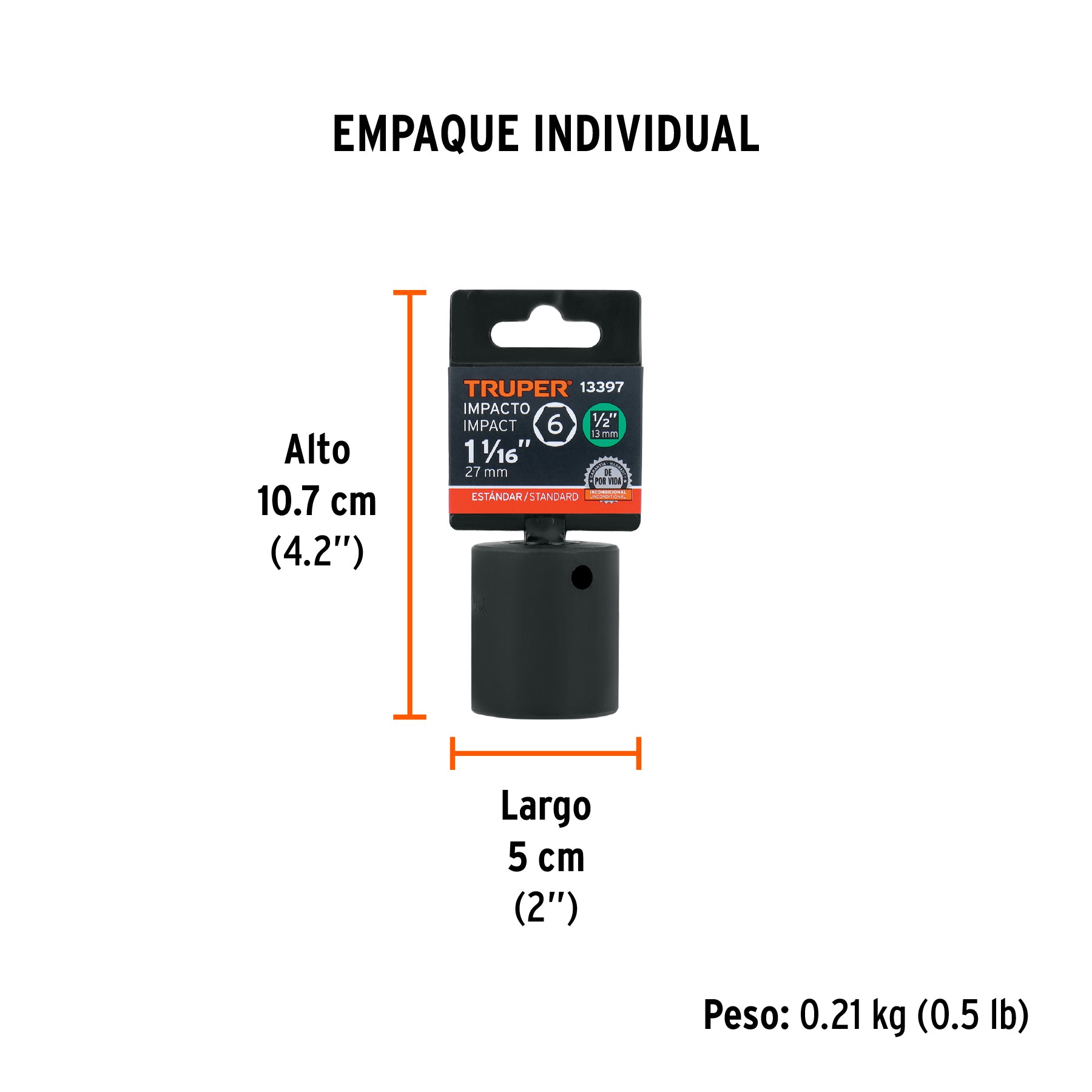 Dado de impacto, 6 puntas, cuadro 1/2" de 1-1/16"
