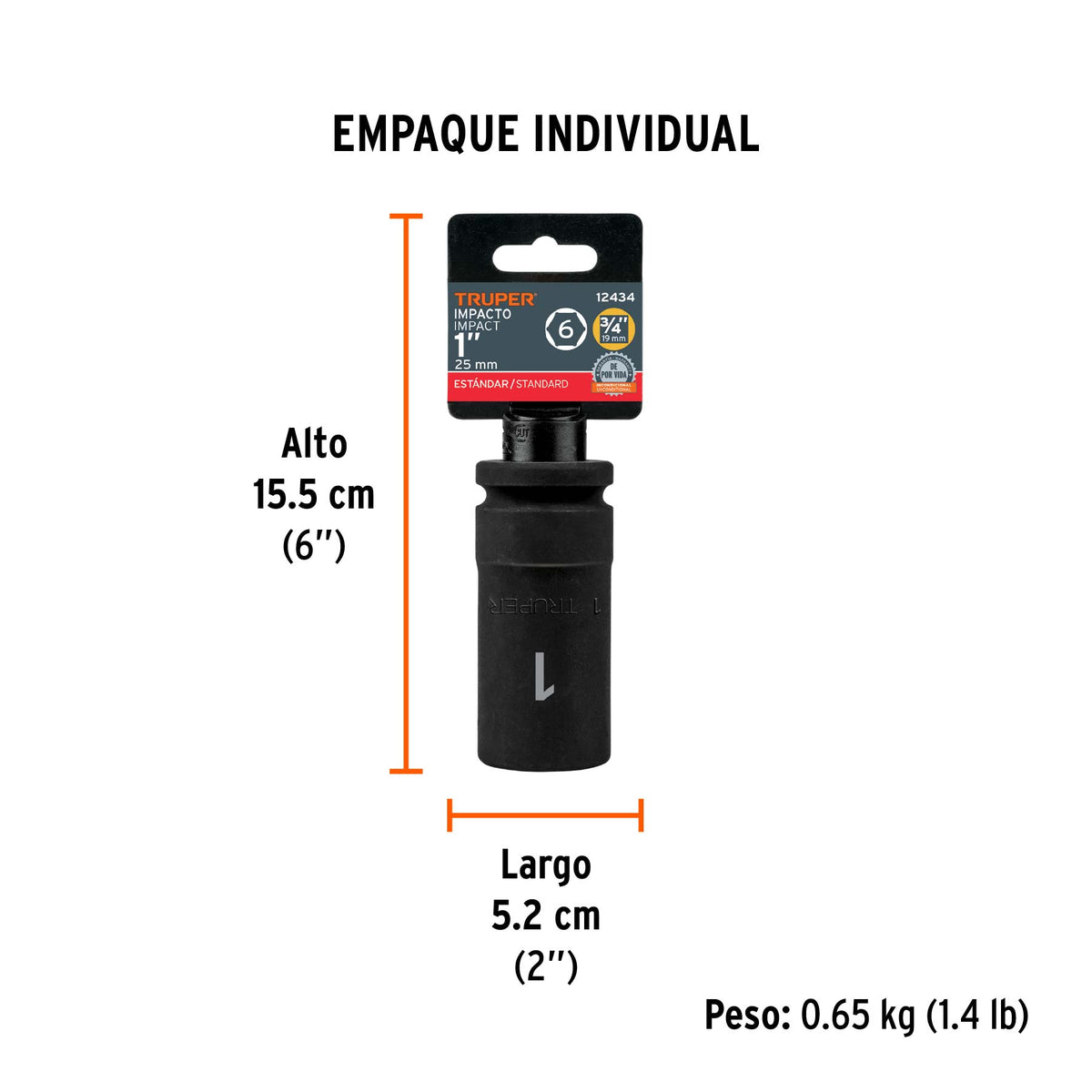 Dado impacto, largo, 6 puntas, cuadro 3/4" de 1"