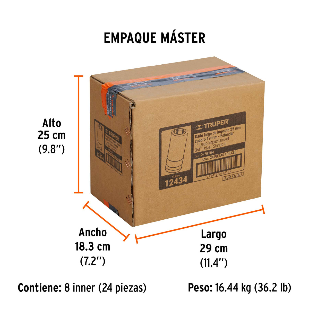Dado impacto, largo, 6 puntas, cuadro 3/4" de 1"
