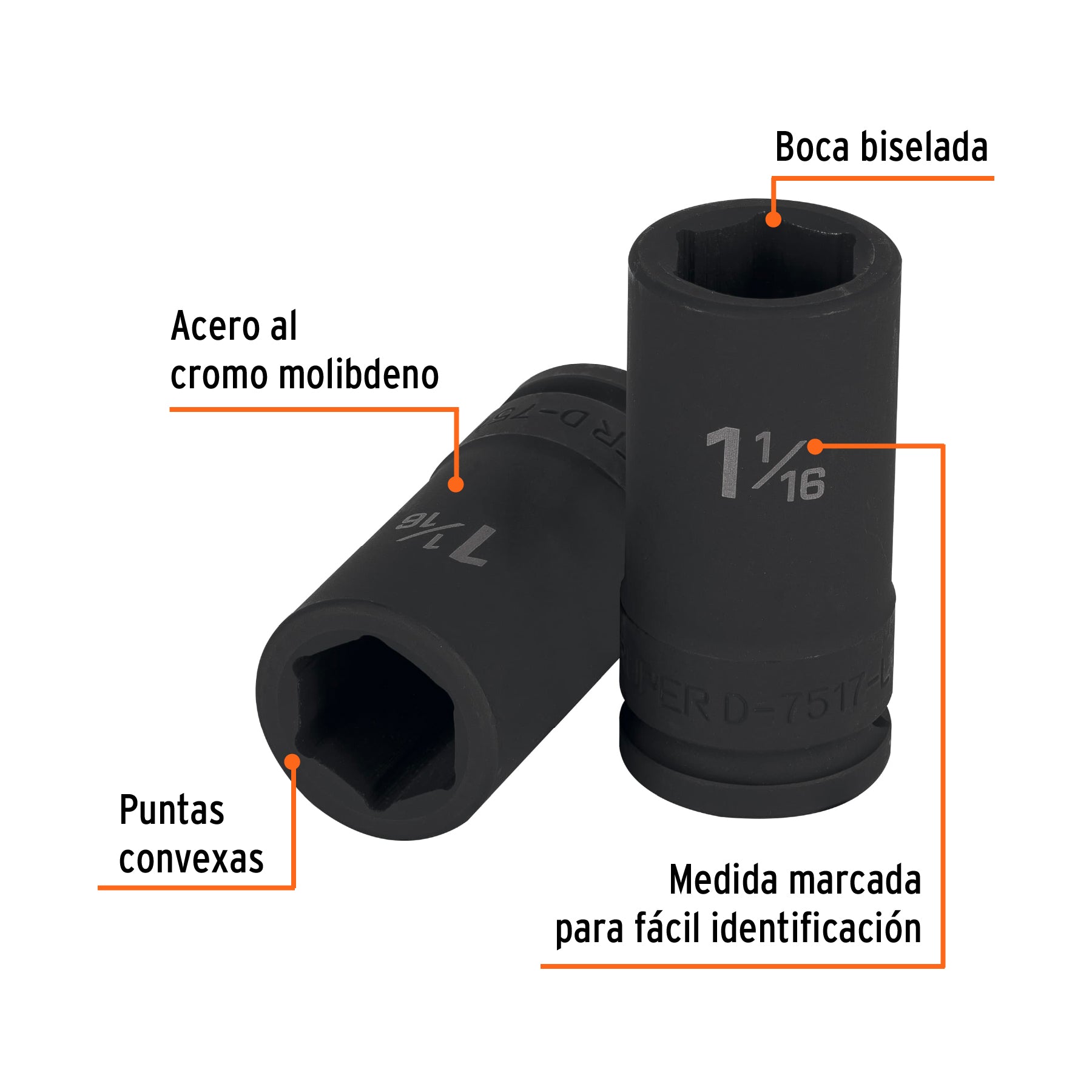 Dado impacto, largo, 6 puntas, cuadro 3/4" de 1-1/16"