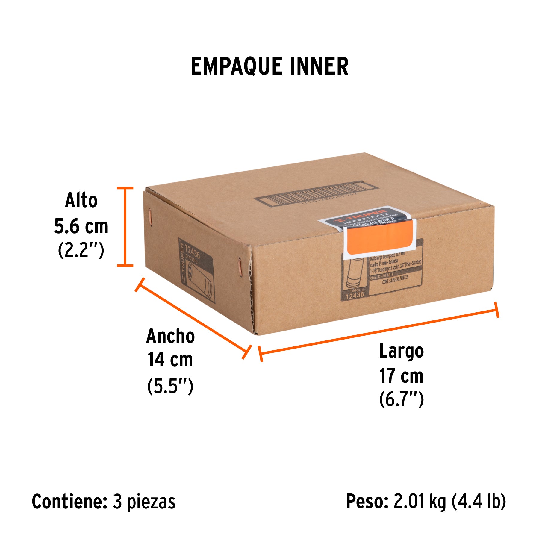 Dado impacto, largo, 6 puntas, cuadro 3/4" de 1-1/8"