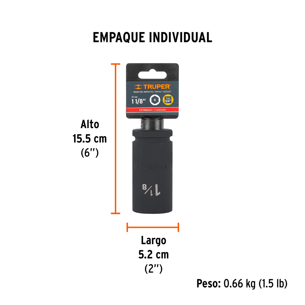 Dado impacto, largo, 6 puntas, cuadro 3/4" de 1-1/8"