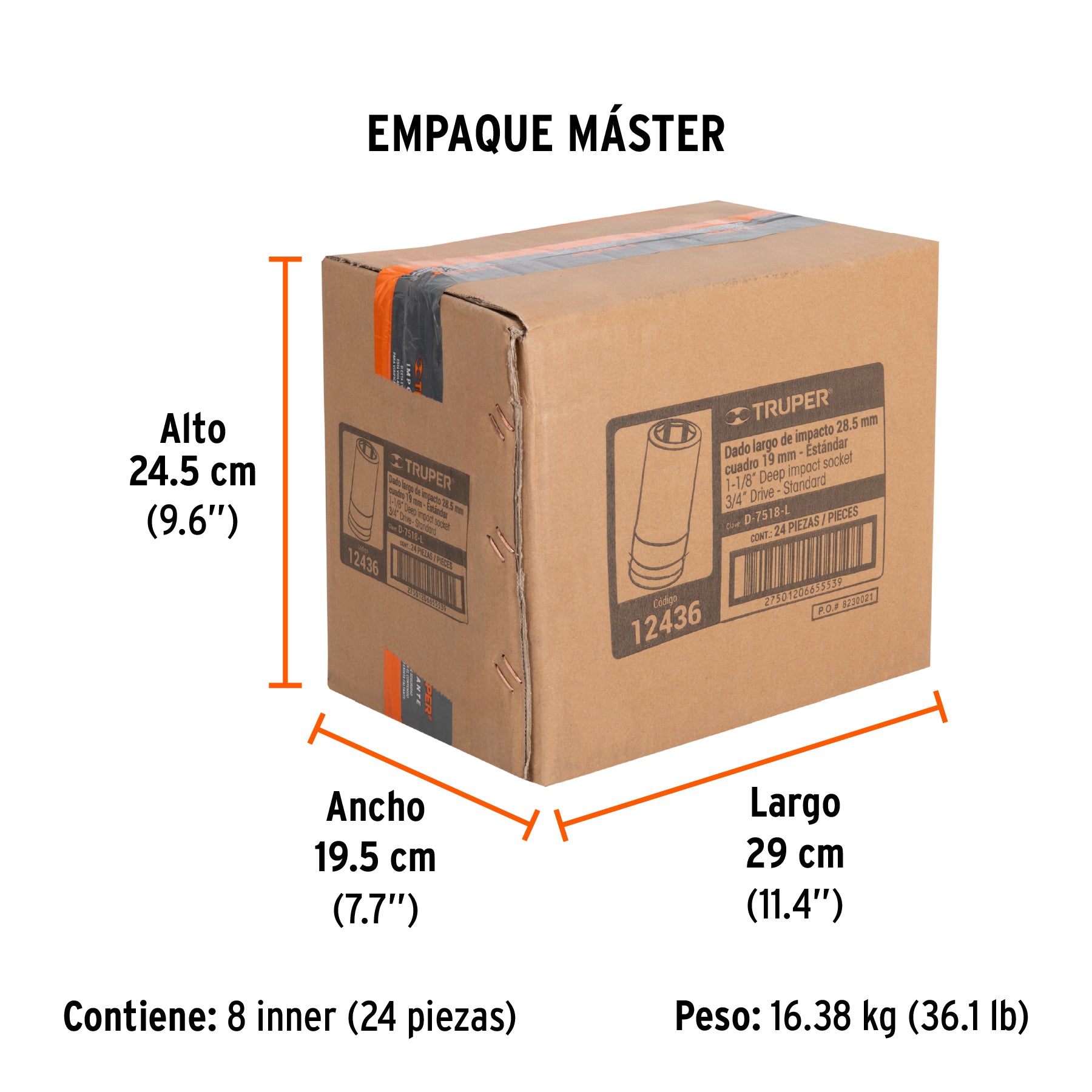 Dado impacto, largo, 6 puntas, cuadro 3/4" de 1-1/8"