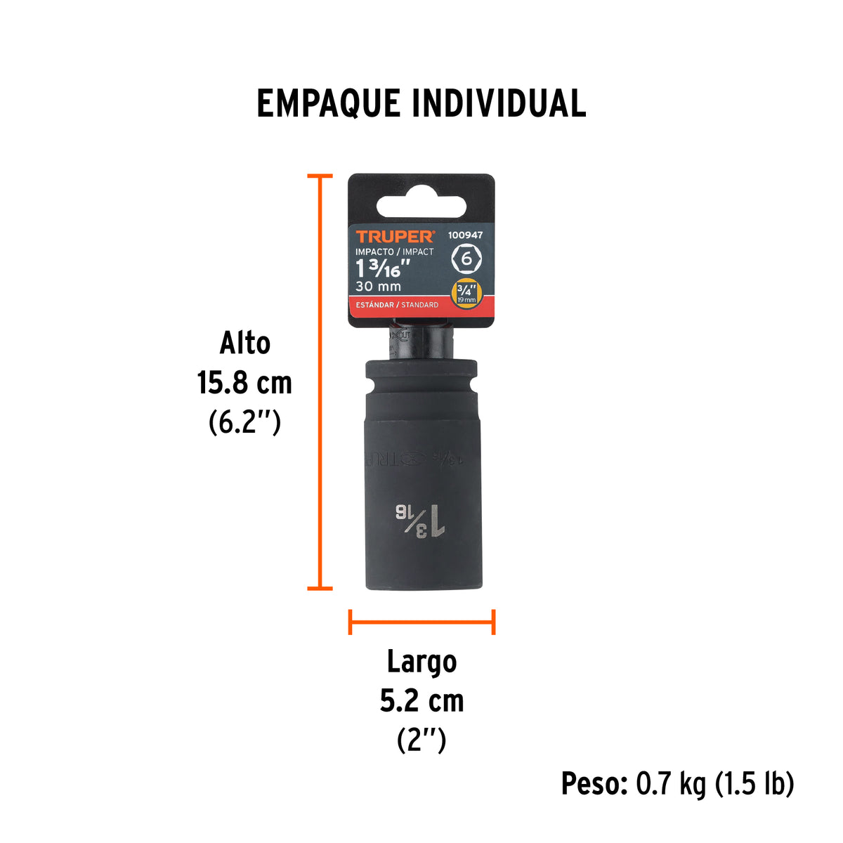 Dado largo de impacto de 1-3/16', 6 puntas, cuadro 3/4'