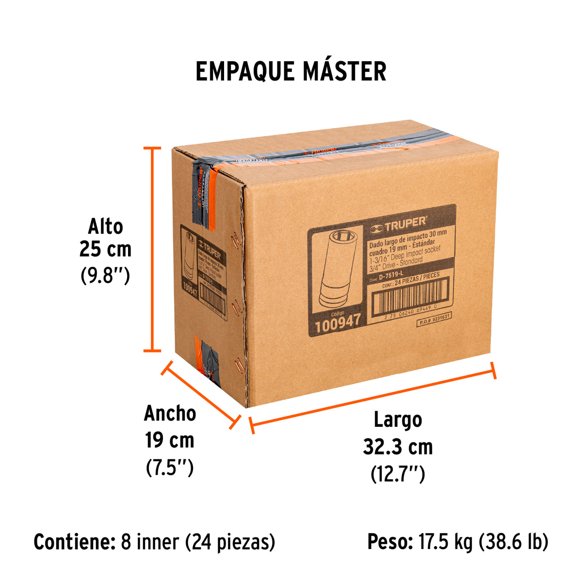 Dado largo de impacto de 1-3/16', 6 puntas, cuadro 3/4'