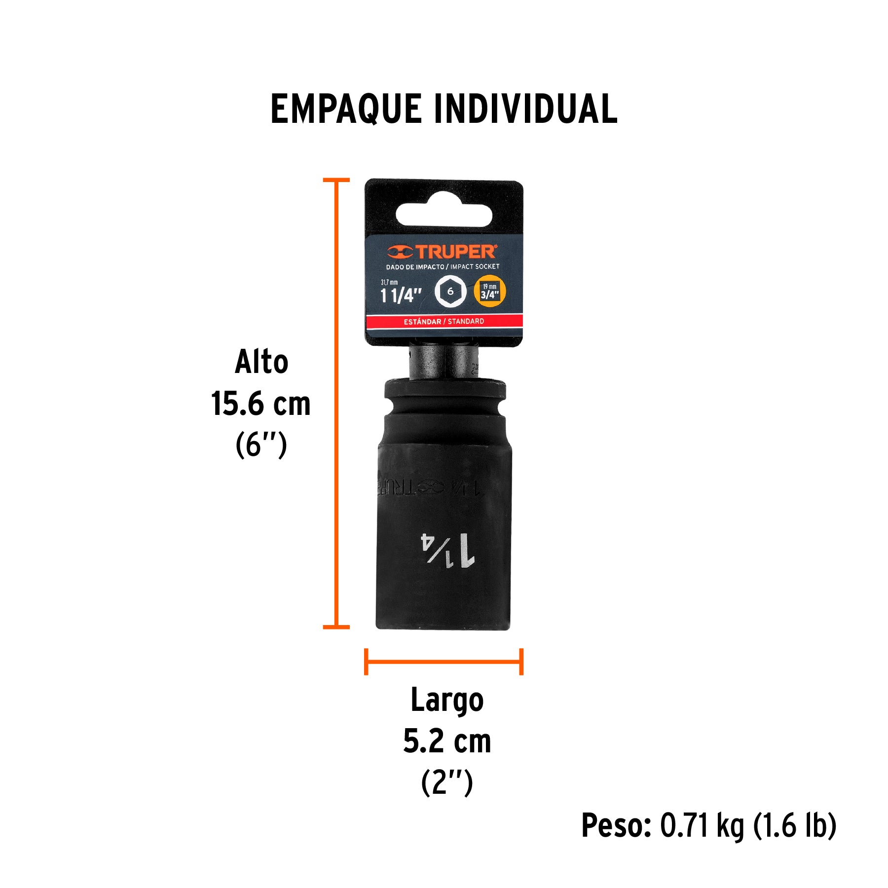 Dado impacto, largo, 6 puntas, cuadro 3/4" de 1-1/4"