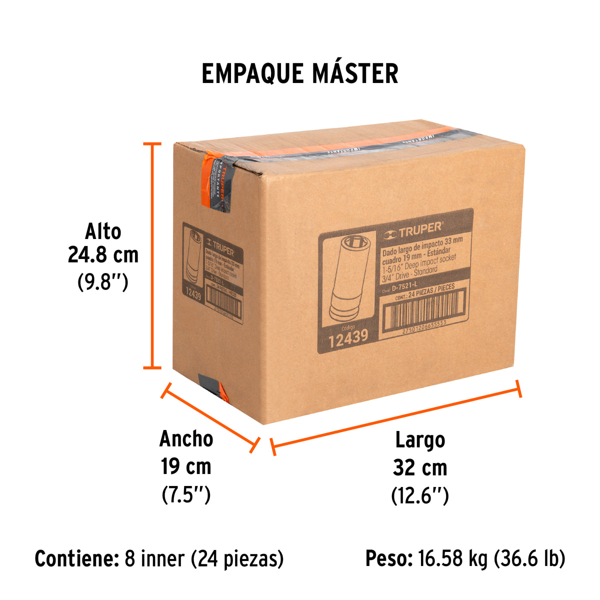 Dado impacto, largo, 6 puntas, cuadro 3/4" de 1-5/16"