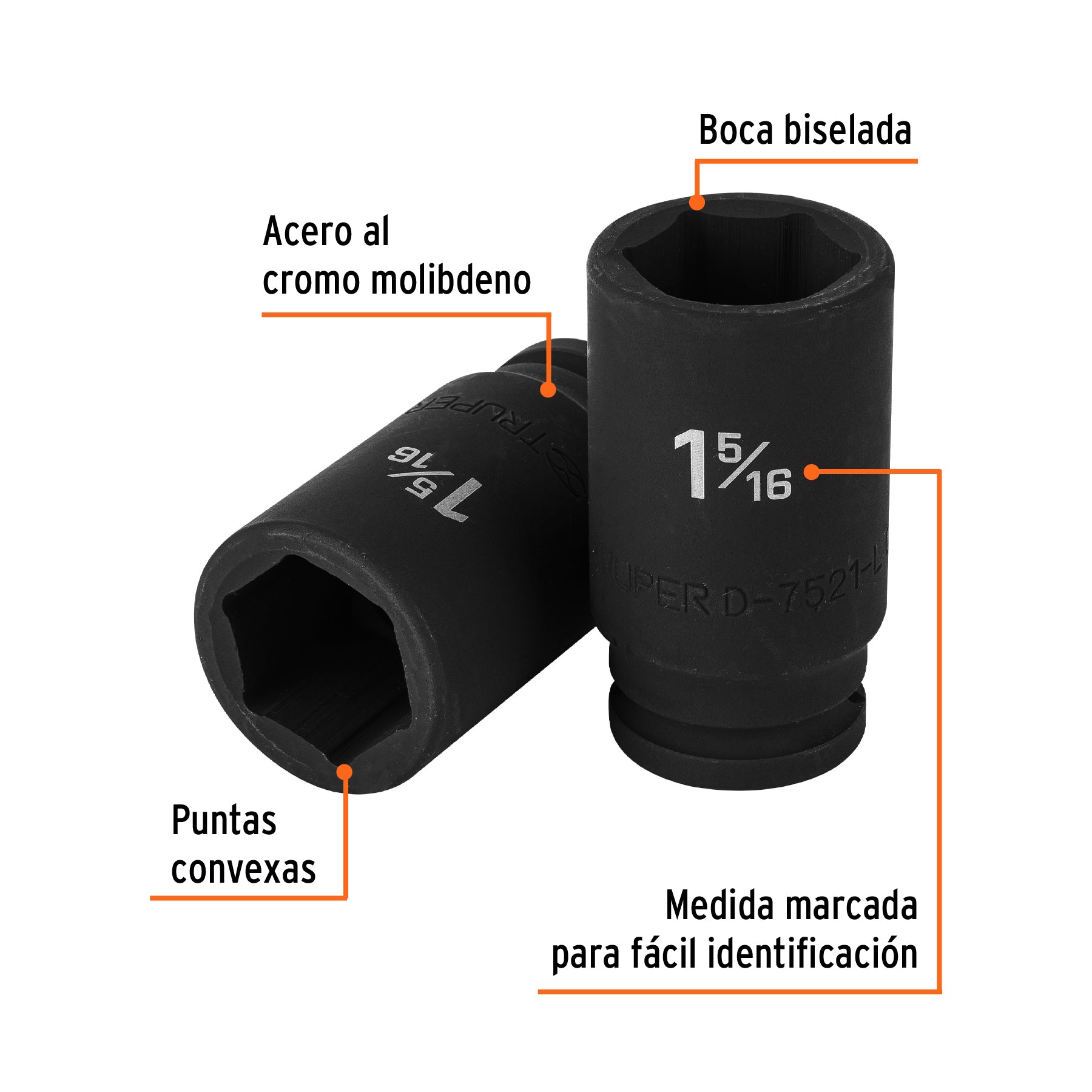 Dado impacto, largo, 6 puntas, cuadro 3/4" de 1-5/16"