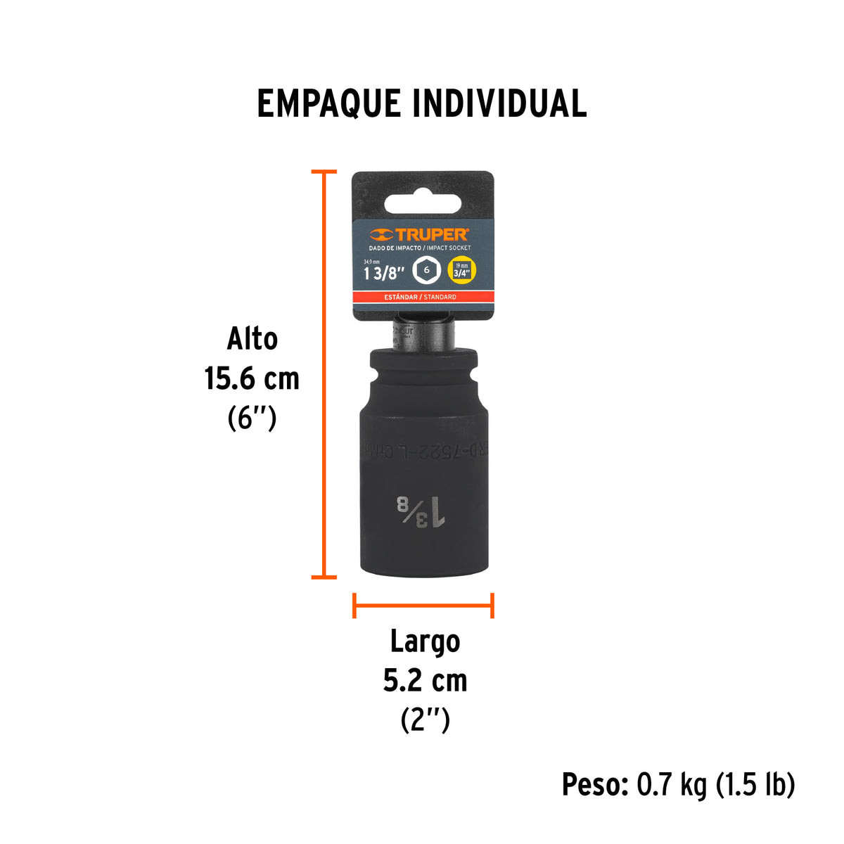 Dado impacto, largo, 6 puntas, cuadro 3/4" de 1-3/8"