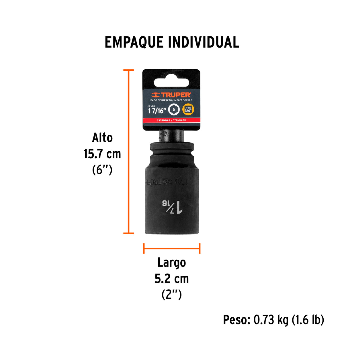 Dado impacto, largo, 6 puntas, cuadro 3/4" de 1-7/16"