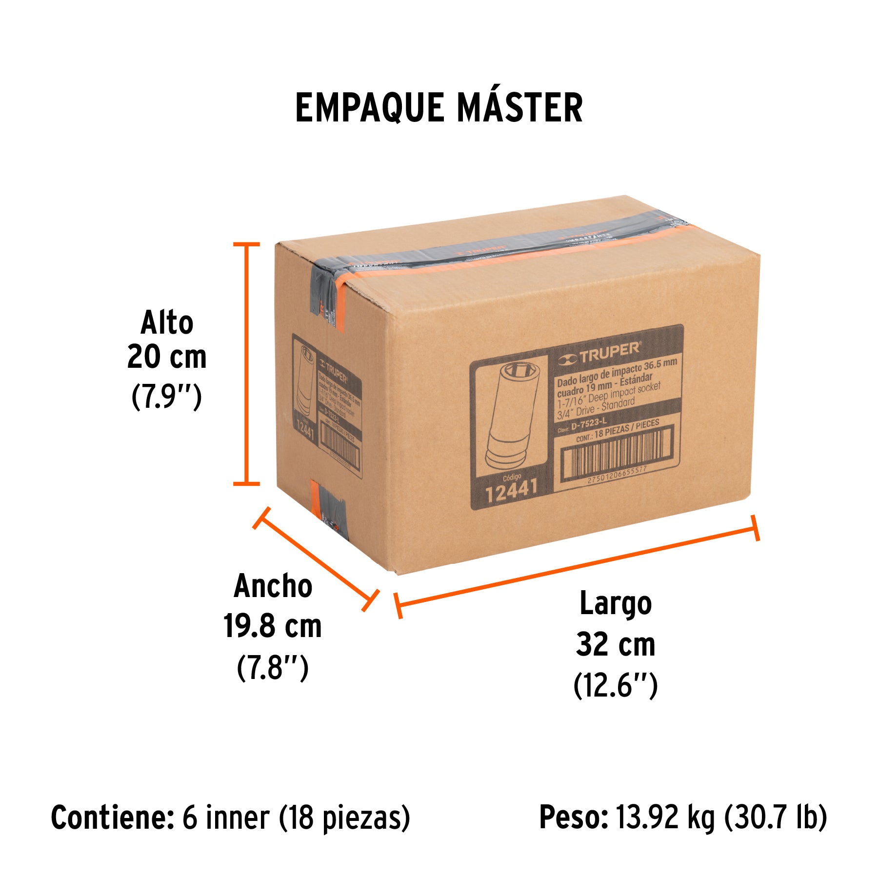 Dado impacto, largo, 6 puntas, cuadro 3/4" de 1-7/16"