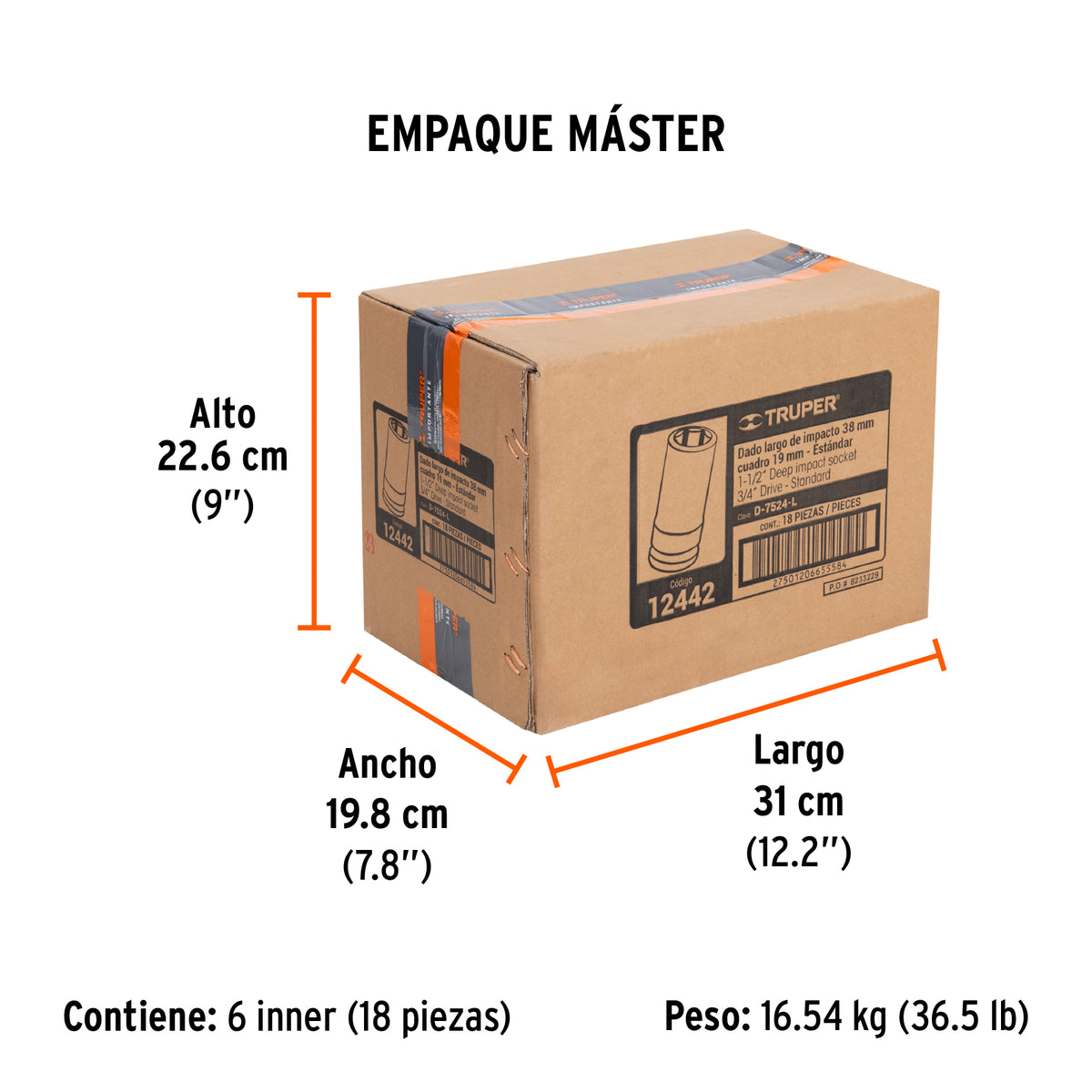 Dado impacto, largo, 6 puntas, cuadro 3/4" de 1-1/2"