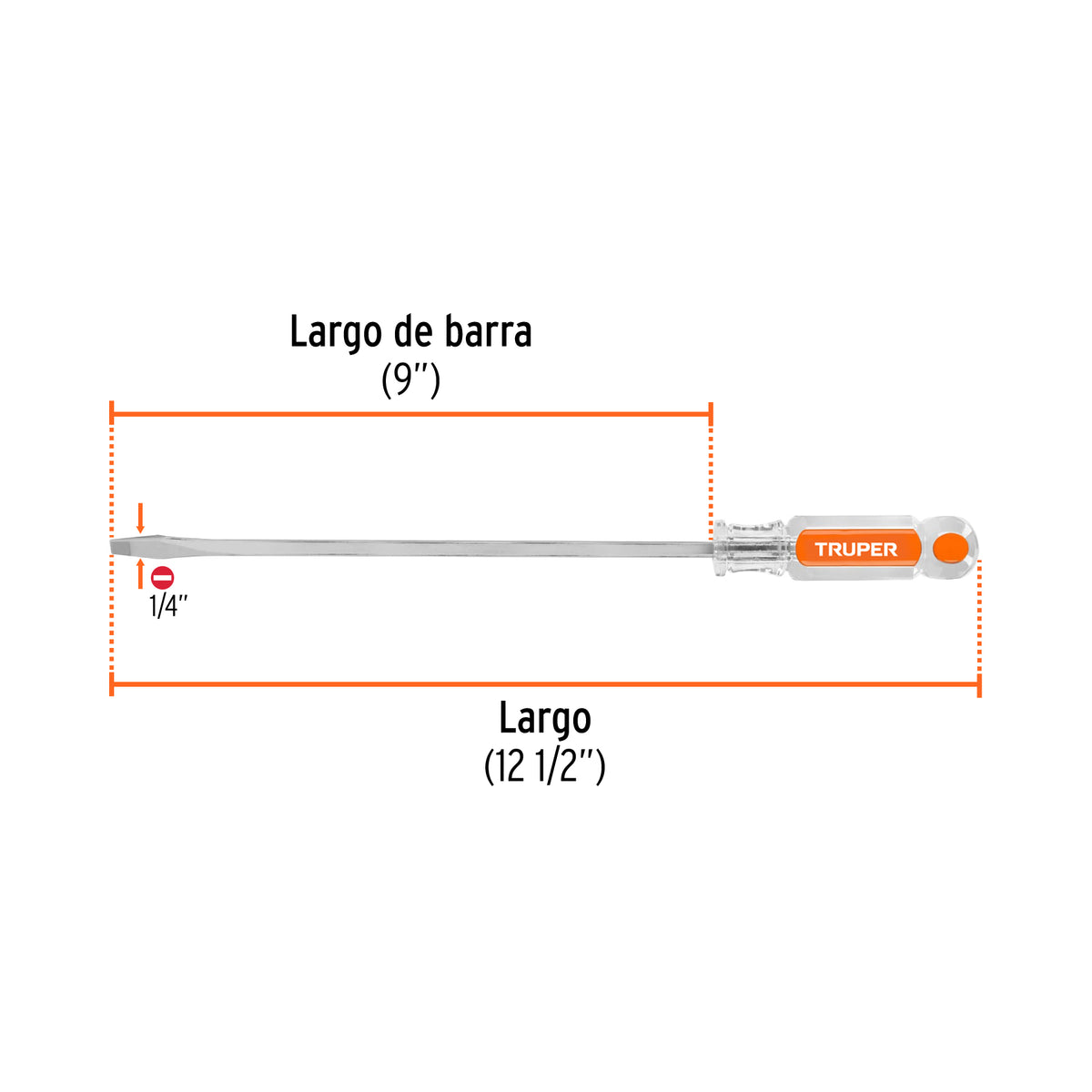 Desarmador plano, barra cuadrada, mango acetato, 1/4 x 9"