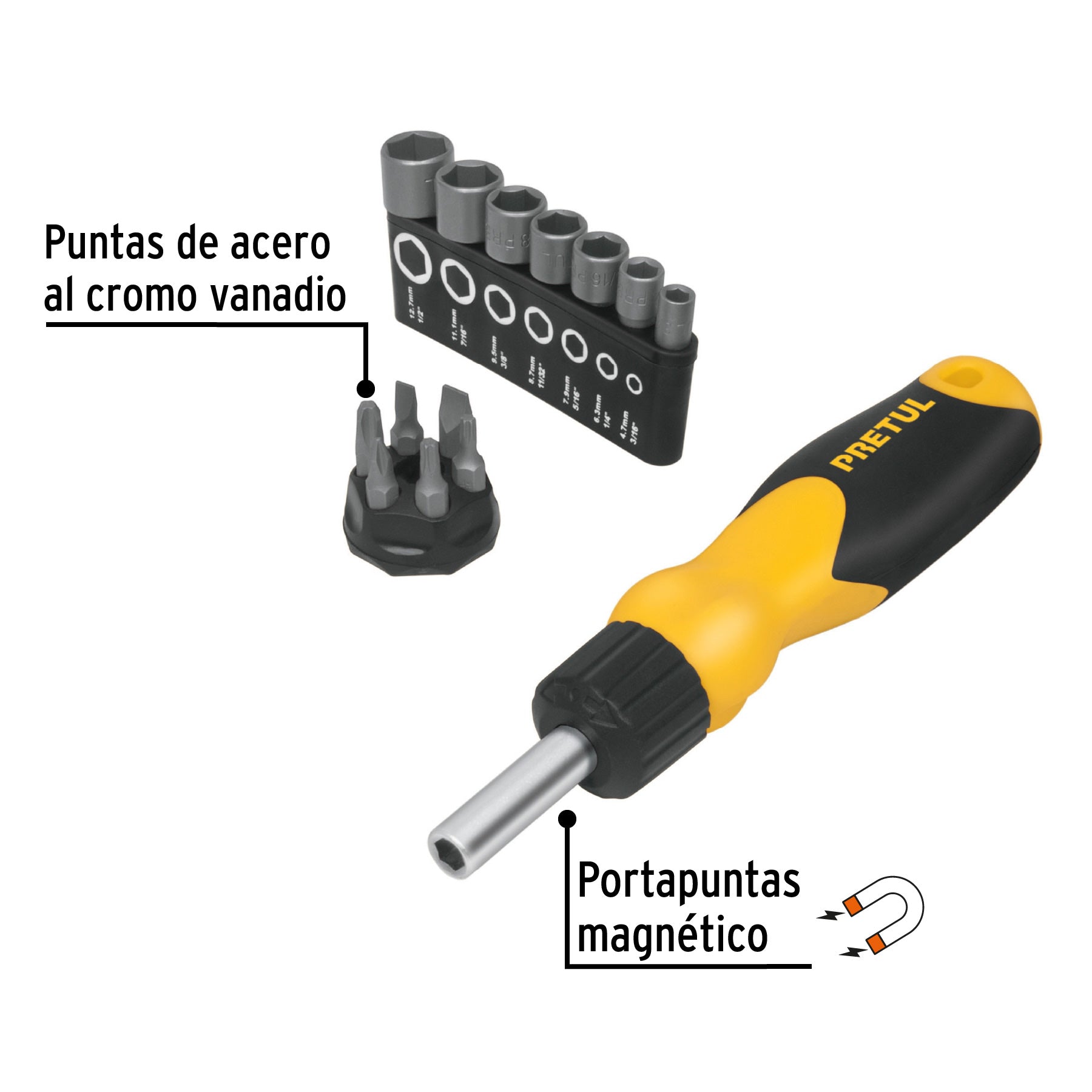 Desarmador tipo matraca y 13 puntas, pretul