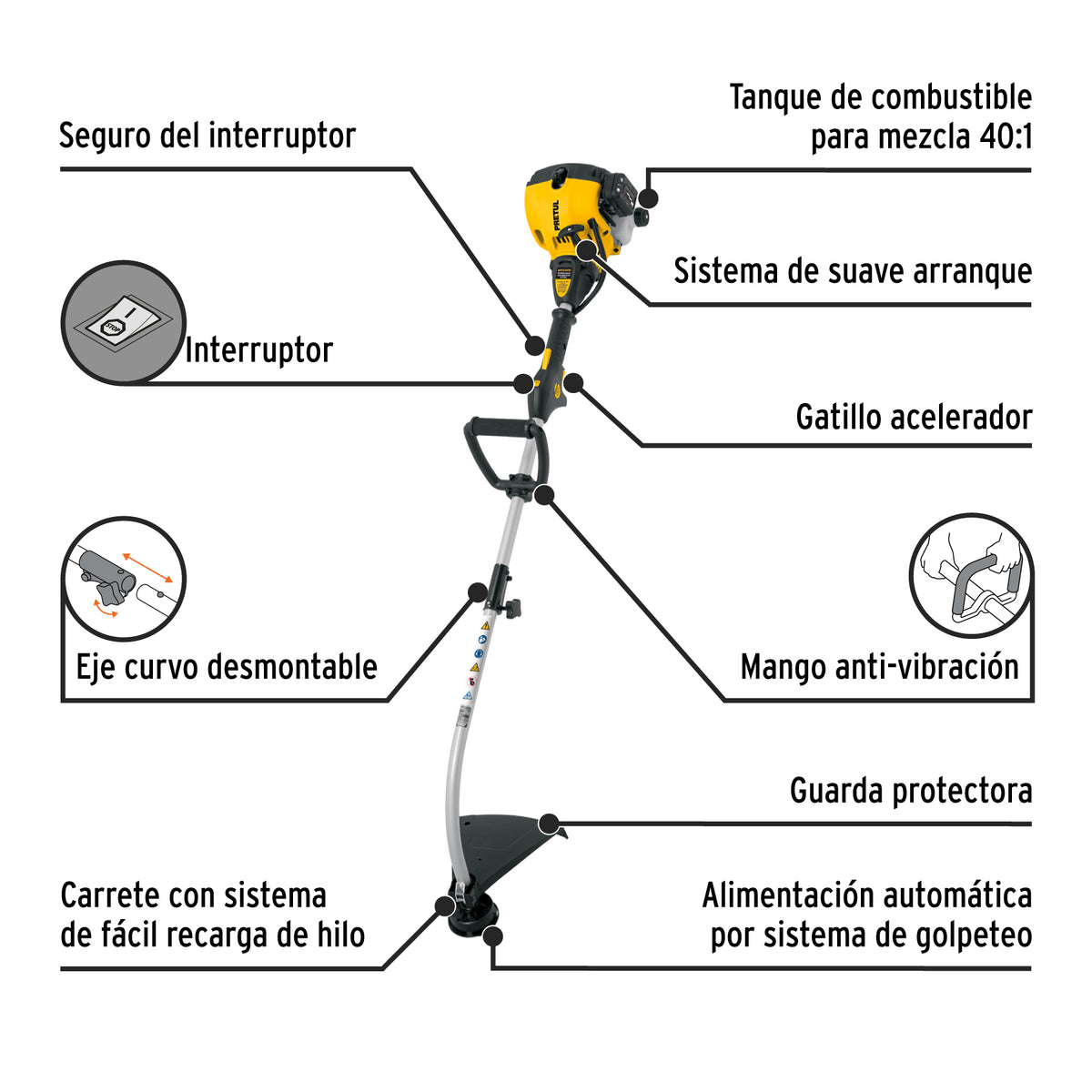 Desbrozadora a gasolina, 25cc,17"de corte,mango curvo,Pretul