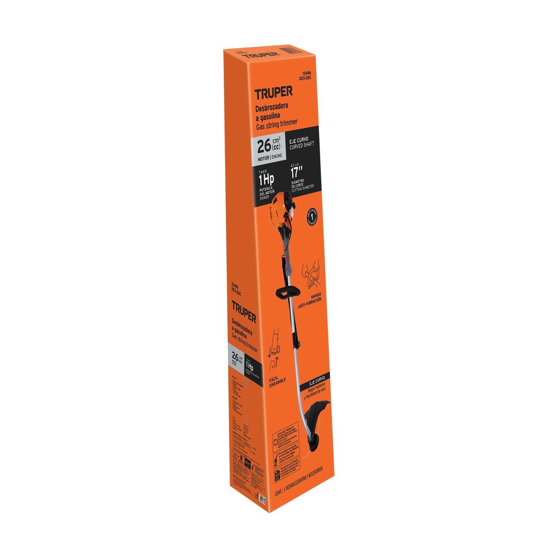 Desbrozadora a gasolina, 26cc, 17" de corte, curva