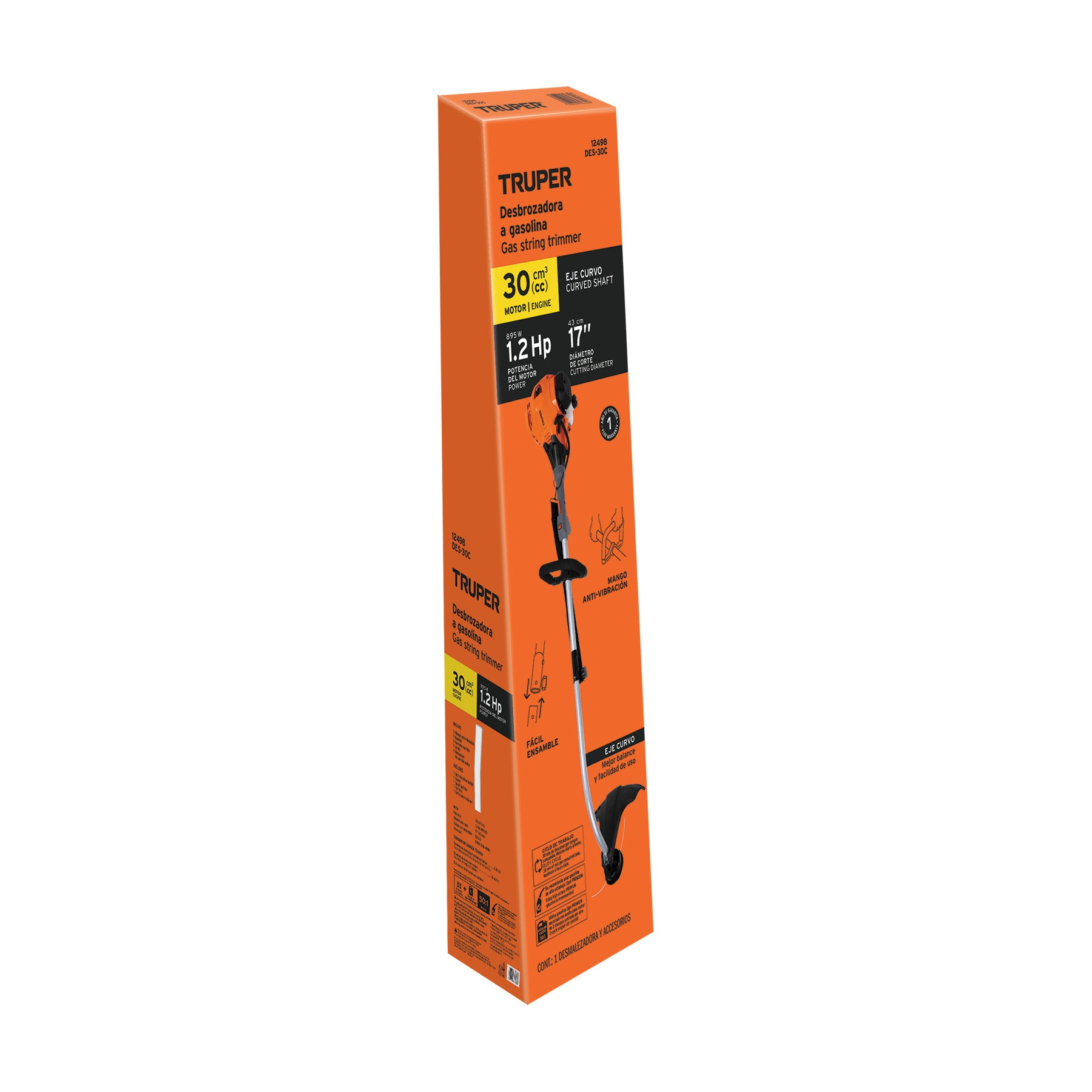 Desbrozadora a gasolina, 30cc, 17" de corte, curva