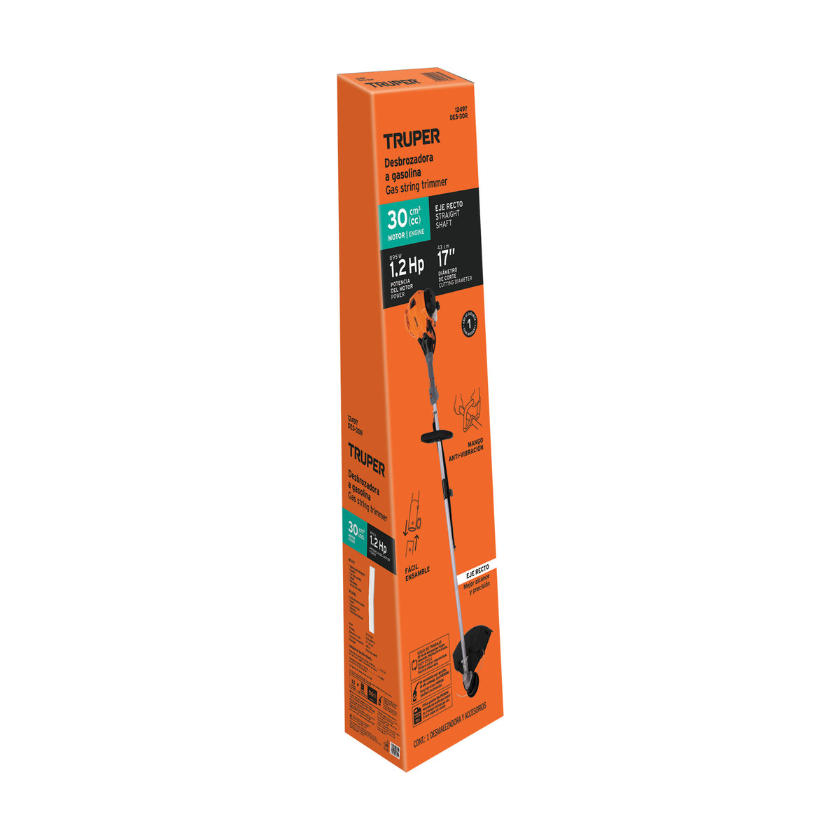 Desbrozadora a gasolina, 30cc, 17" de corte, recta