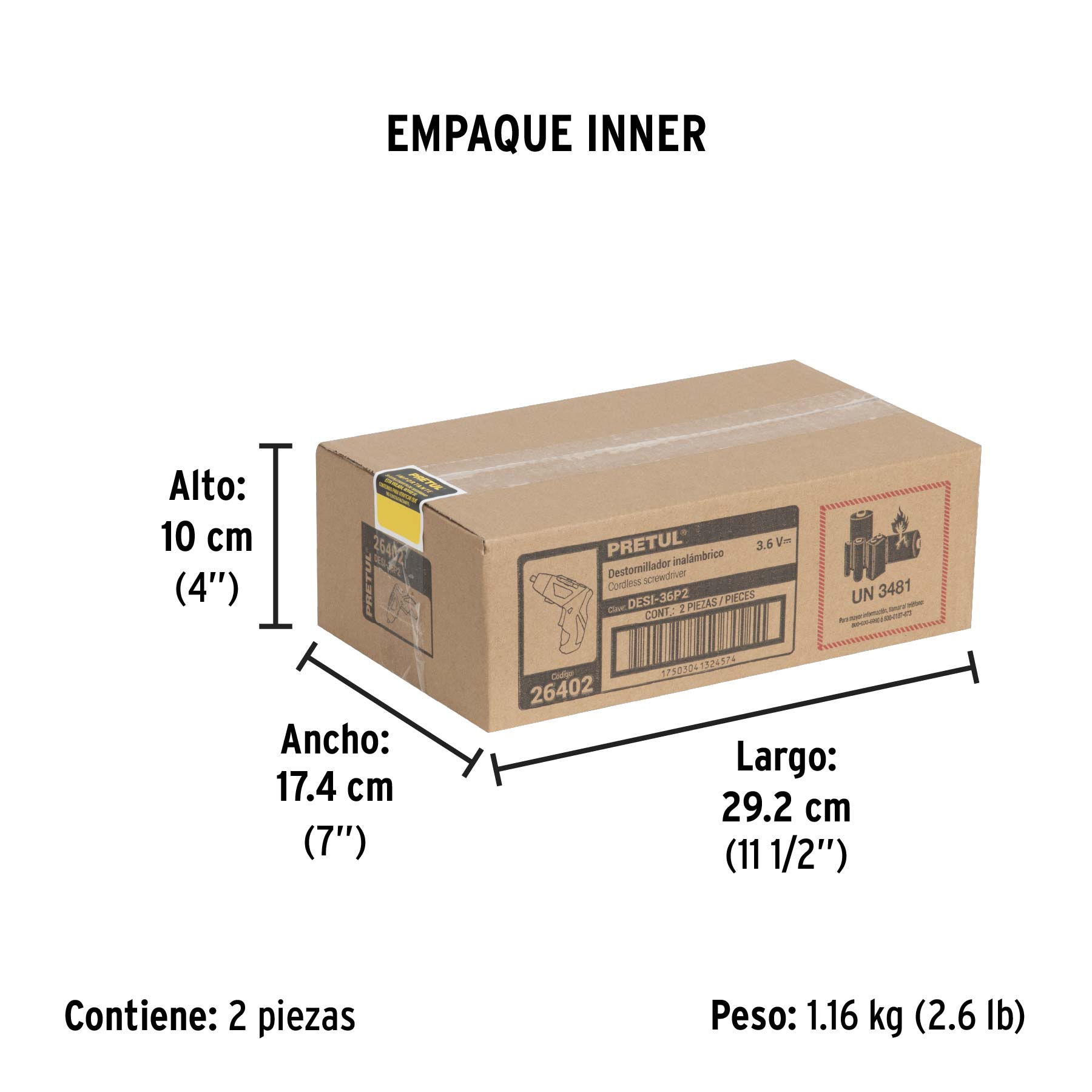 Destornillador inalámbrico de dos posiciones, 3.6V, PRETUL