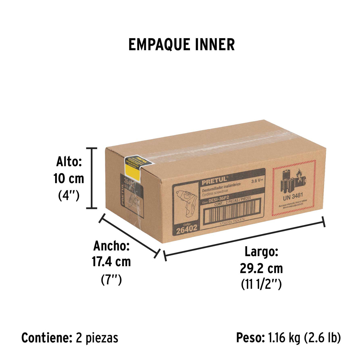 Destornillador inalámbrico de dos posiciones, 3.6V, PRETUL