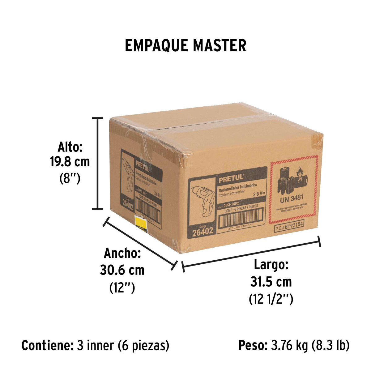 Destornillador inalámbrico de dos posiciones, 3.6V, PRETUL