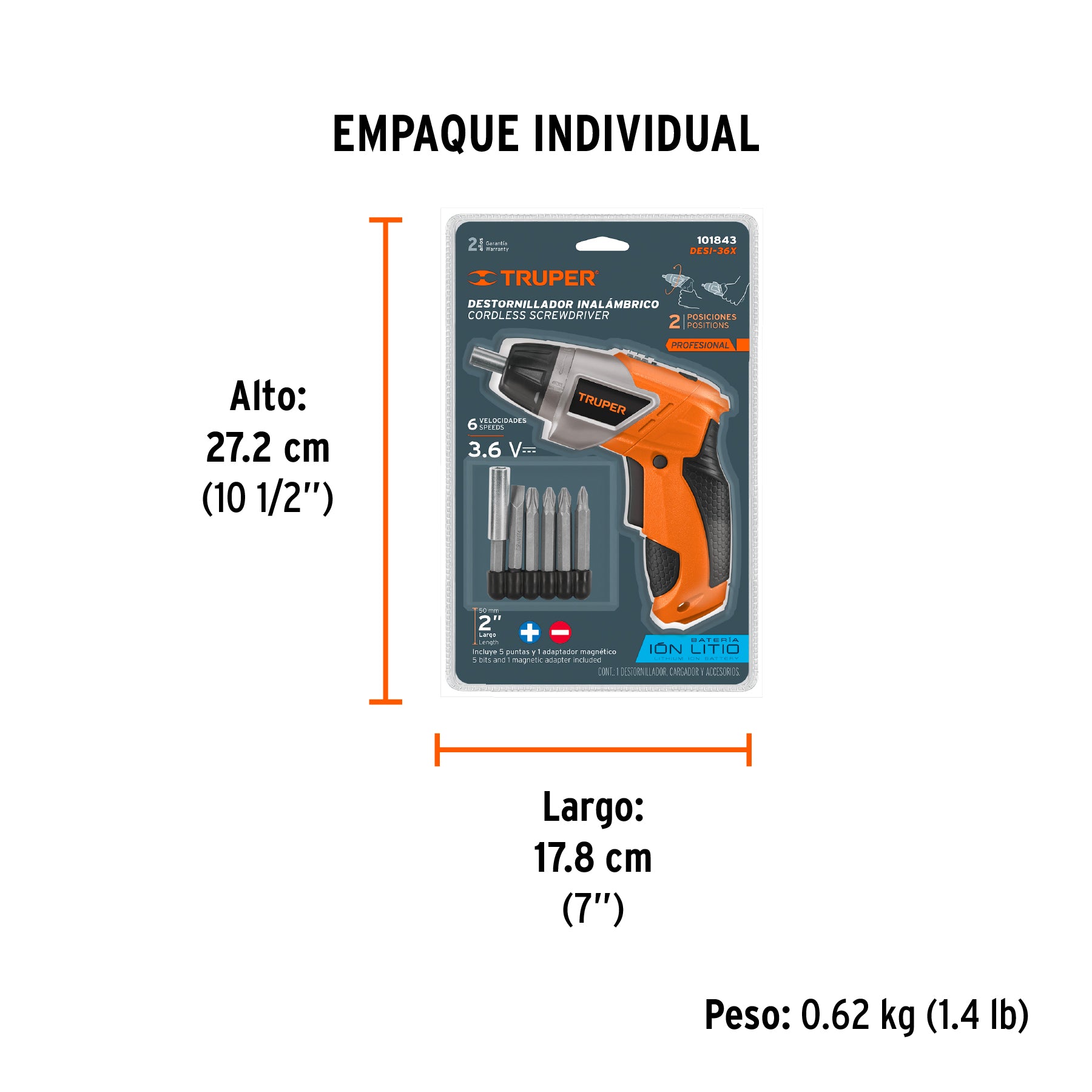Destornillador profesional inalámbrico,dos posiciones,3.6V