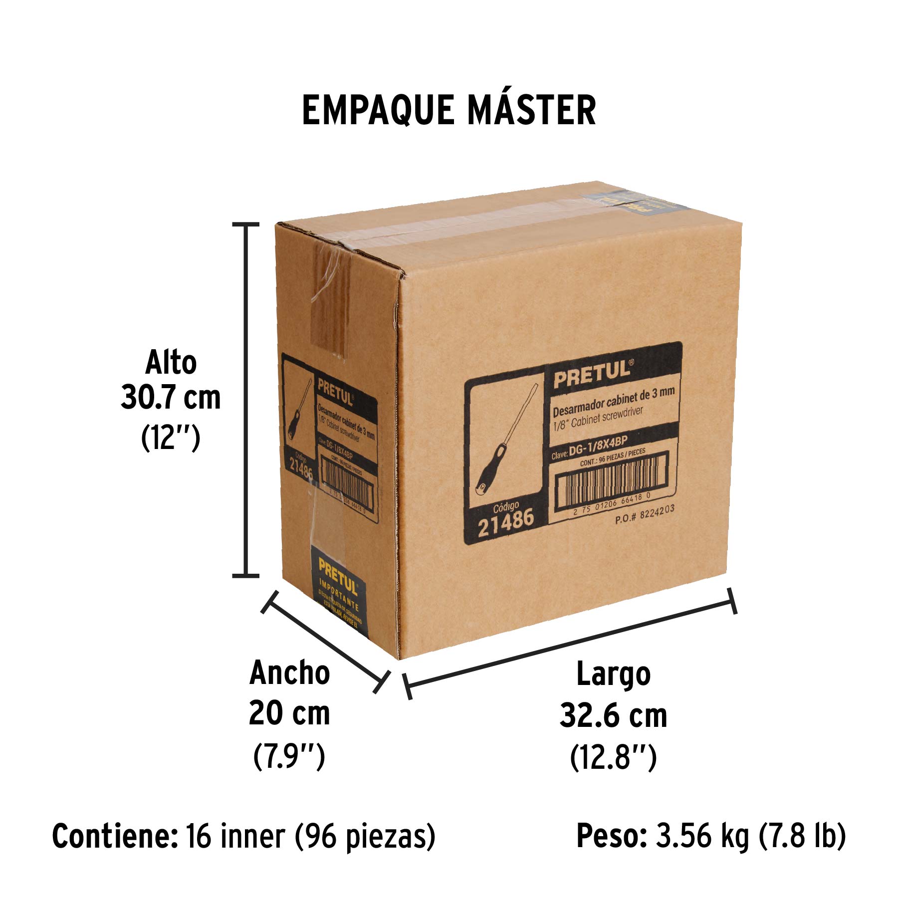 Desarmador cabinet, 1/8 x 4", mango comfort grip, pretul