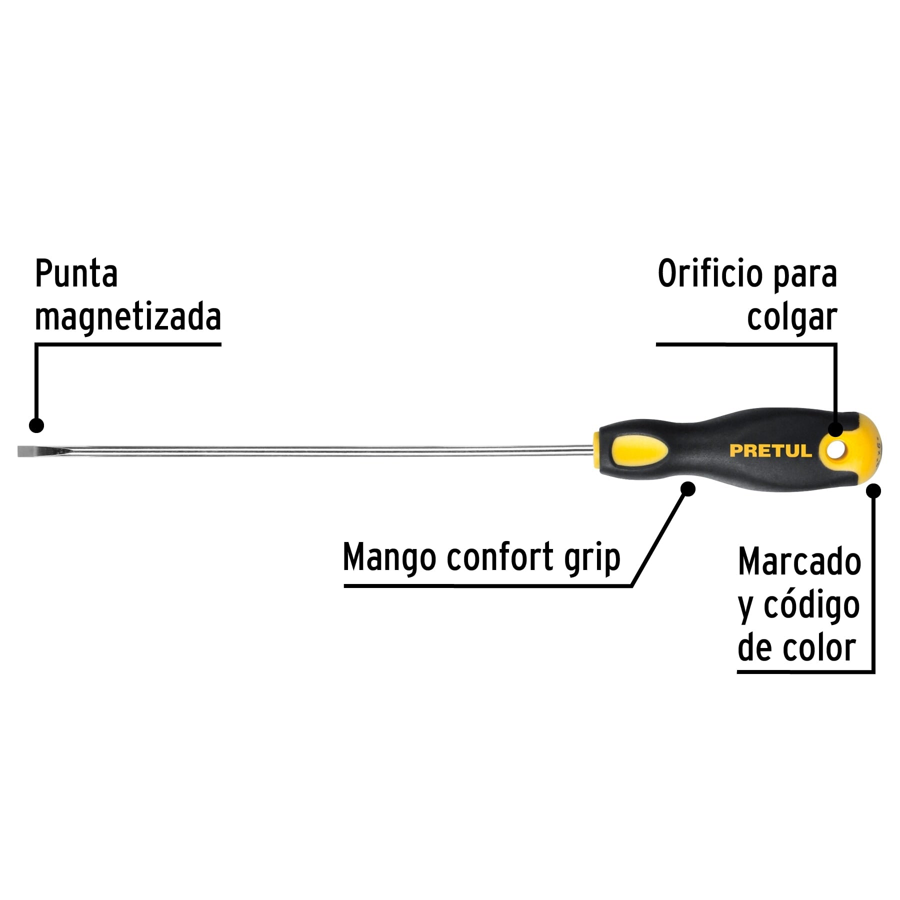 Desarmador cabinet, 1/8 x 6", mango comfort grip, pretul