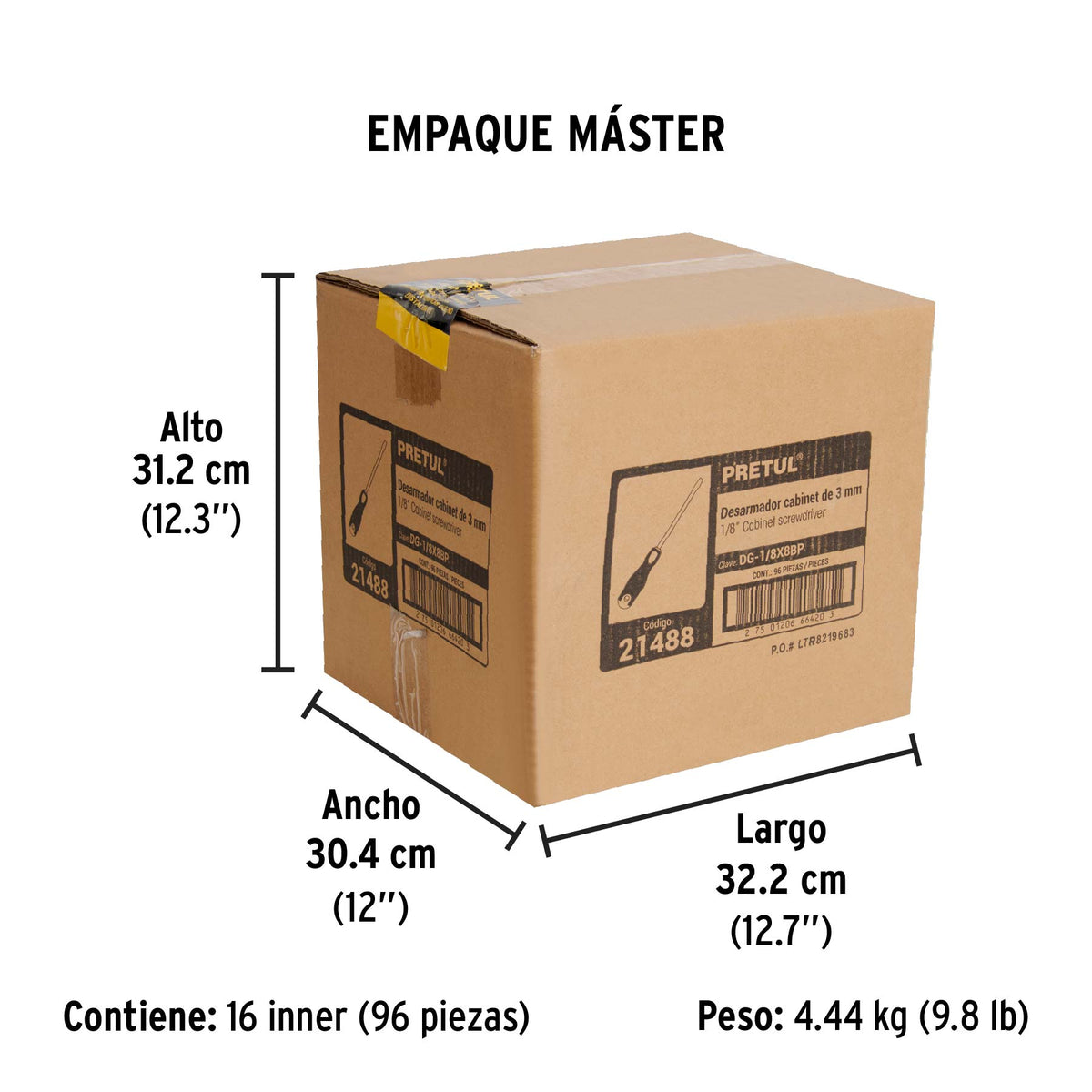 Desarmador cabinet, 1/8 x 8", mango comfort grip, pretul