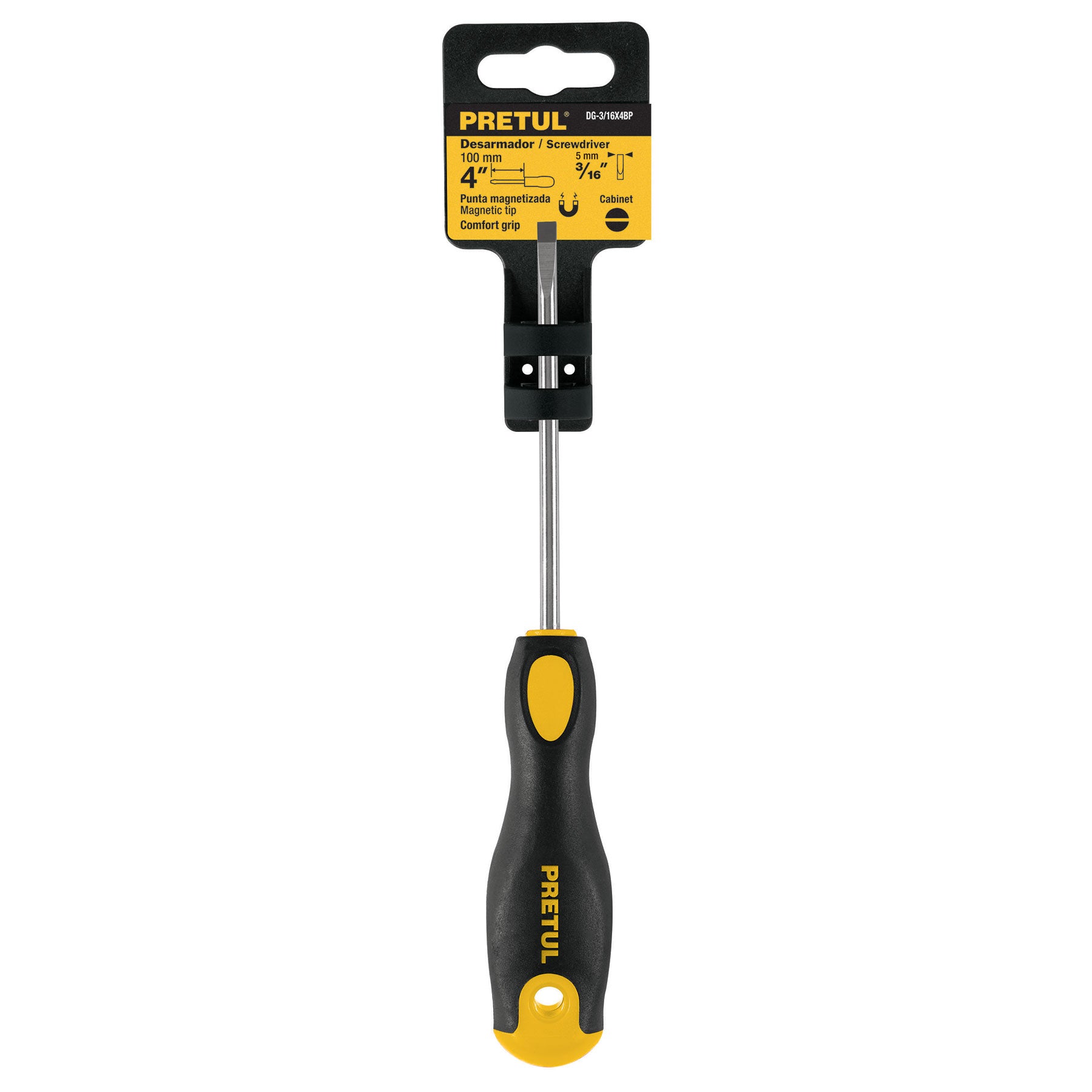 Desarmador cabinet, 3/16 x 4", mango comfort grip, pretul