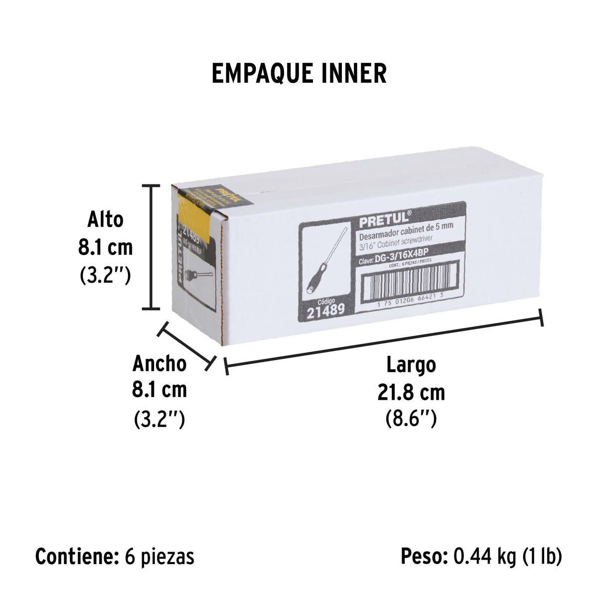 Desarmador cabinet, 3/16 x 4", mango comfort grip, pretul