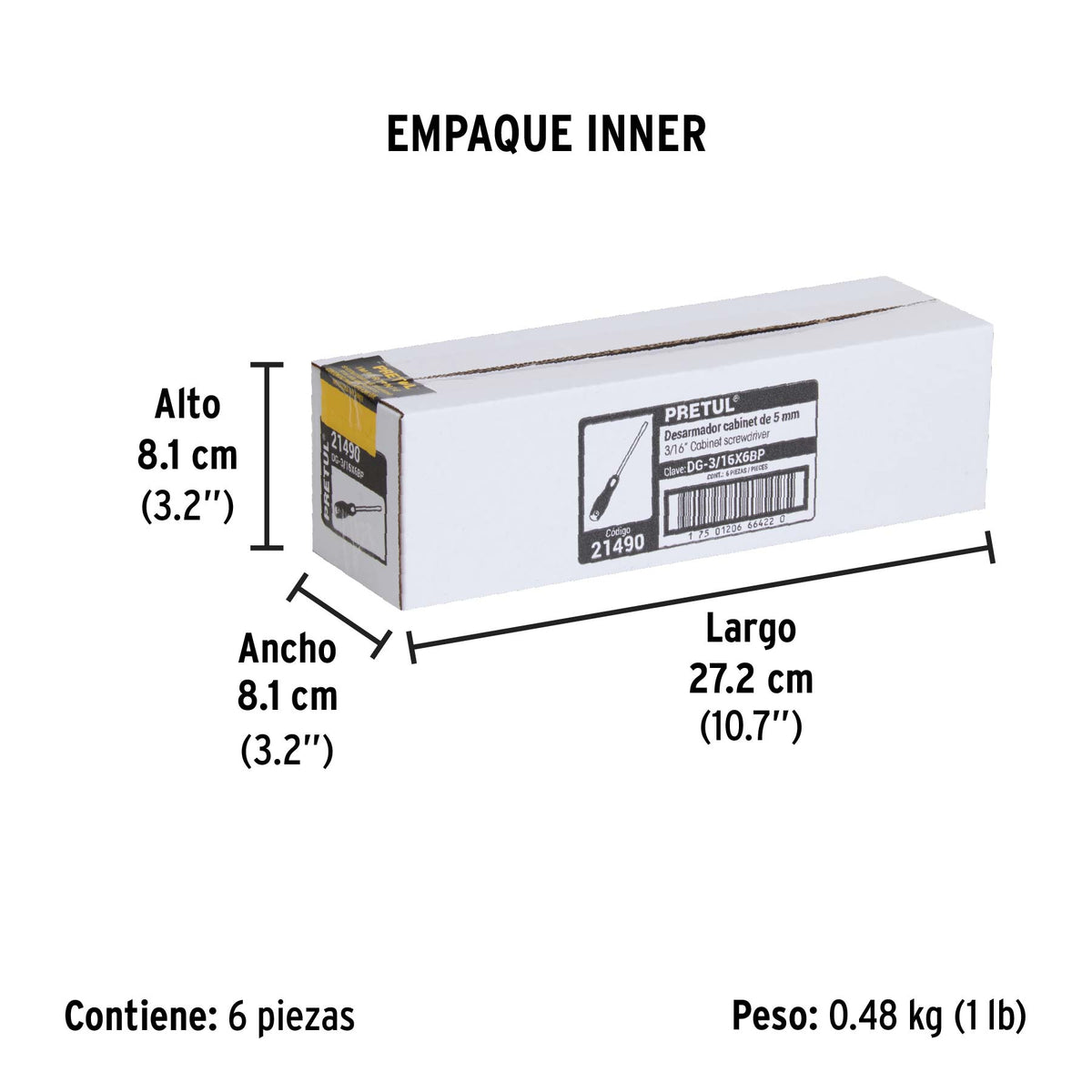 Desarmador cabinet, 3/16 x 6", mango comfort grip, pretul
