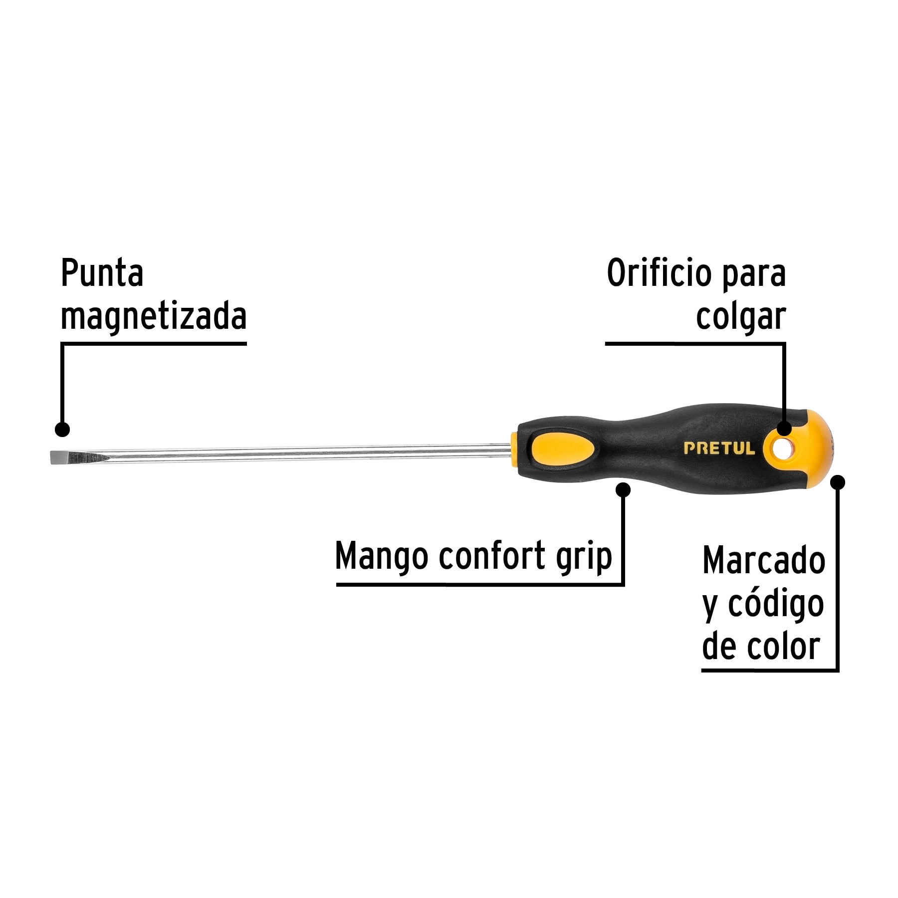 Desarmador cabinet, 3/16 x 6", mango comfort grip, pretul