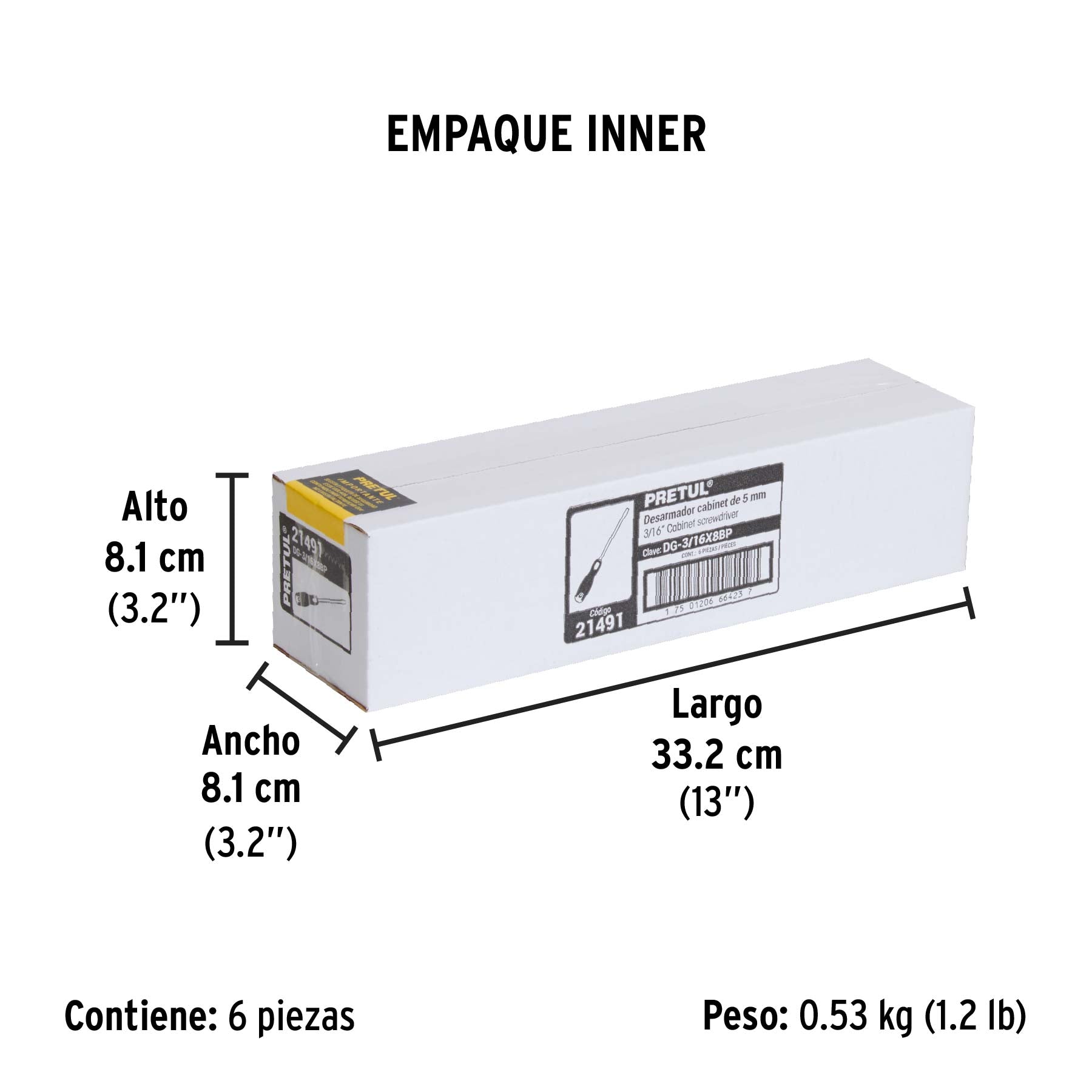 Desarmador cabinet, 3/16 x 8", mango comfort grip, pretul