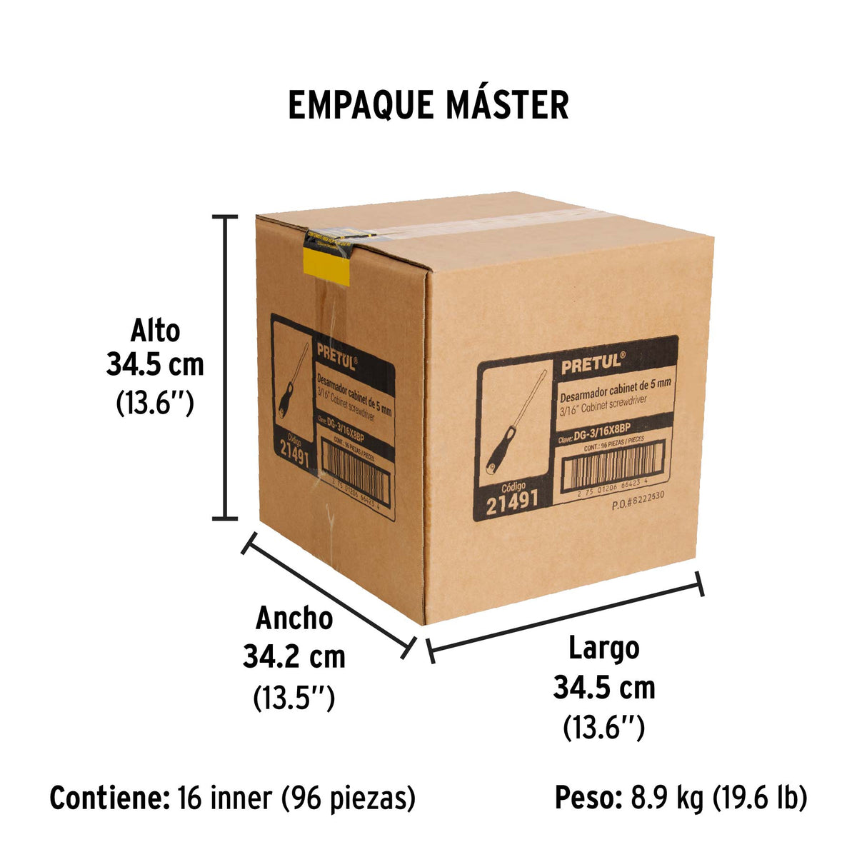 Desarmador cabinet, 3/16 x 8", mango comfort grip, pretul