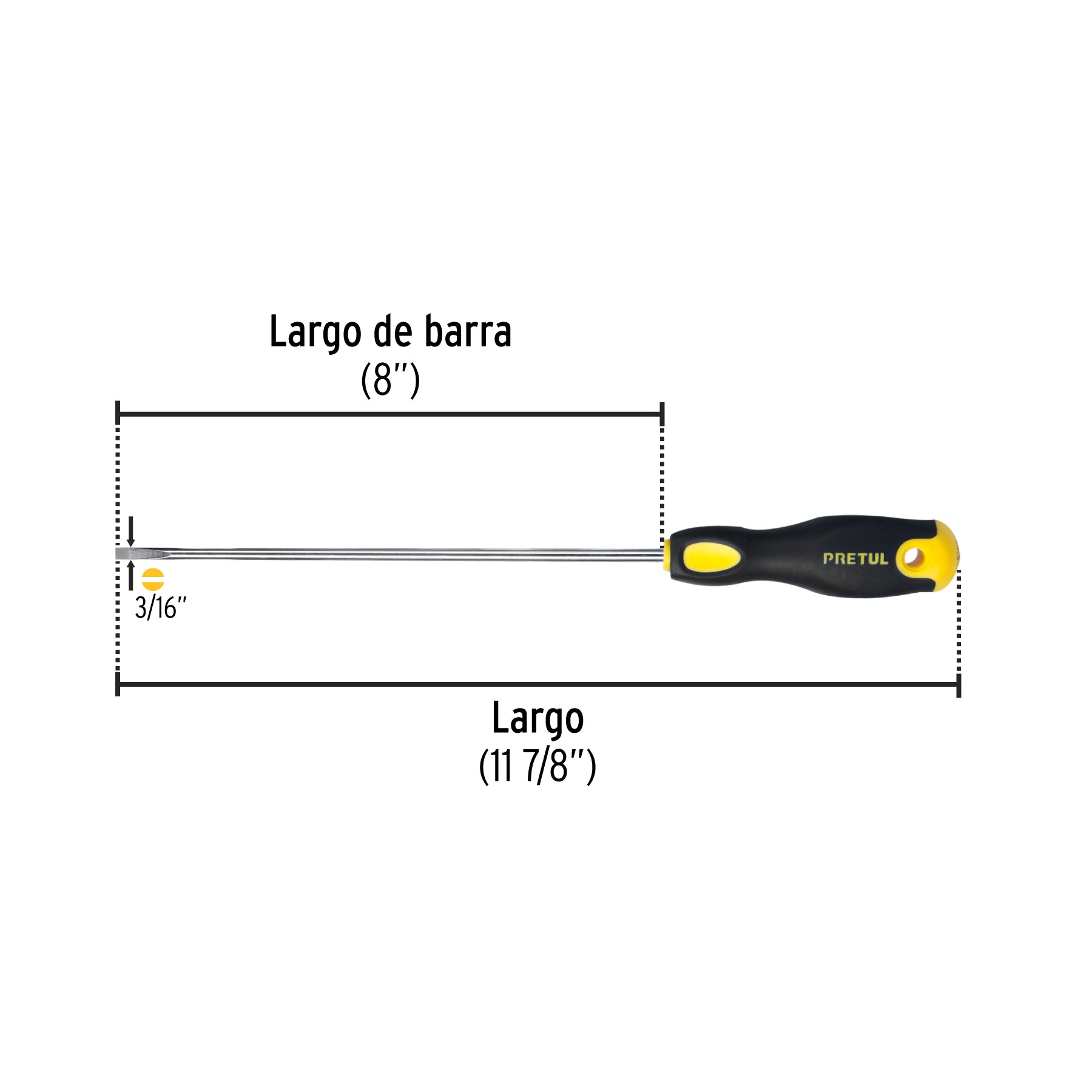 Desarmador cabinet, 3/16 x 8", mango comfort grip, pretul