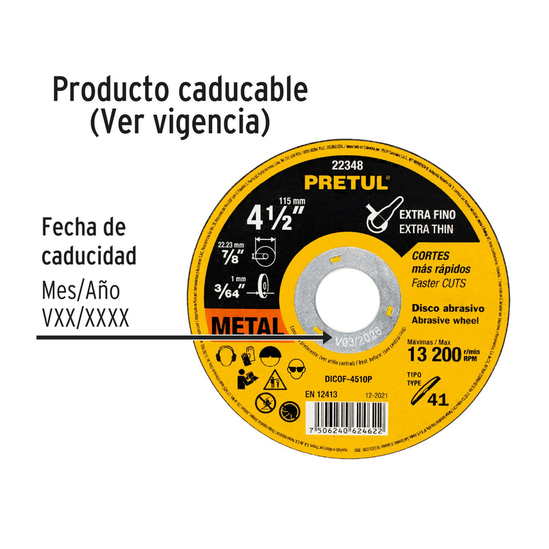 Disco Tipo 41 para corte fino de metal 4-1/2", 1.0 mm Pretul