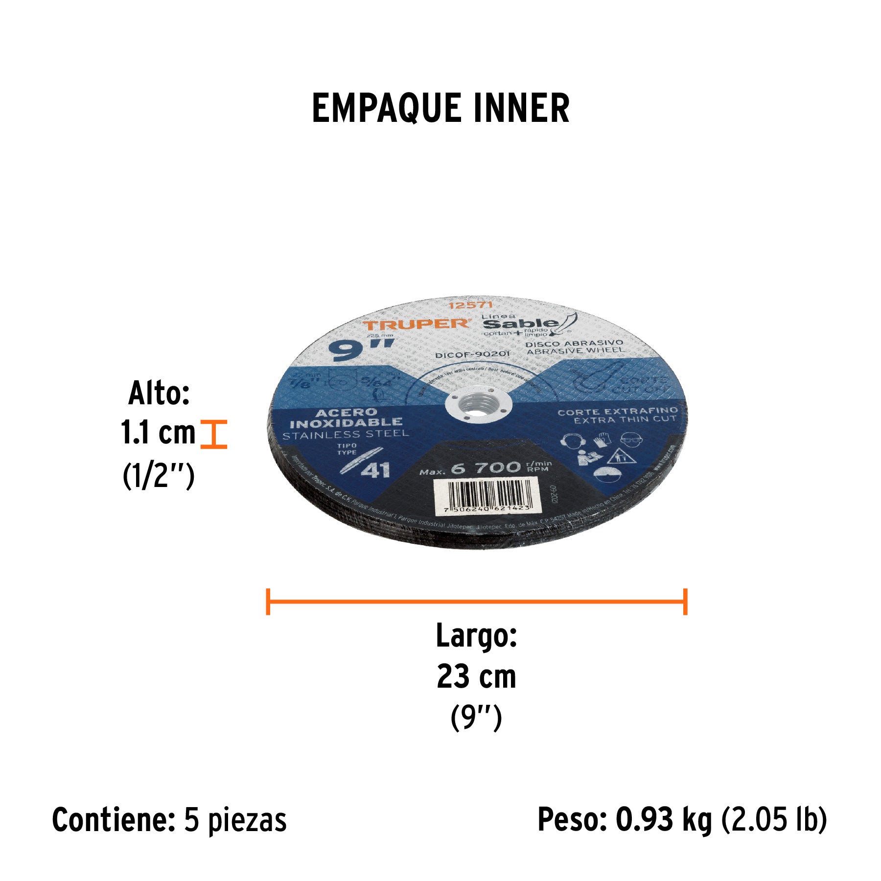 Disco p/corte acero inox., T41, diámetro 9", alto rendimient