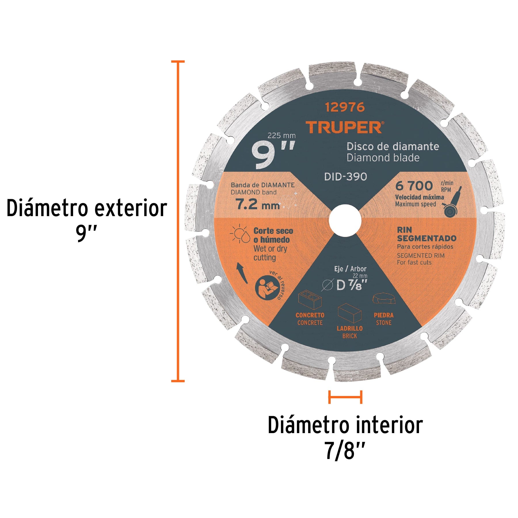 Disco de diamante, rin segmentado, 9"