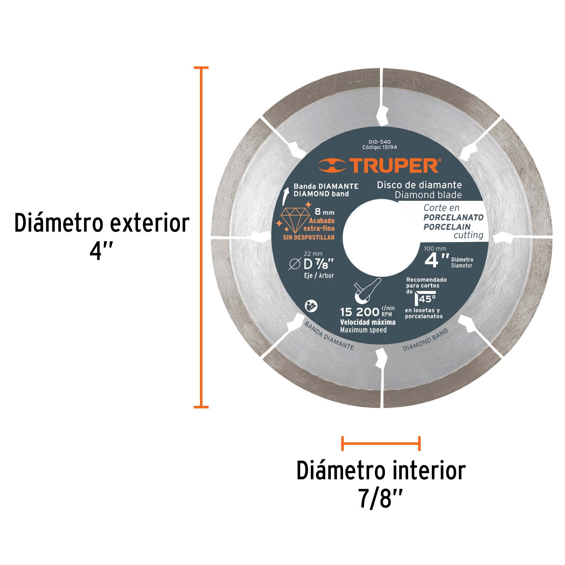 Disco de diamante, rin continuo, 4" para corte porcelanato