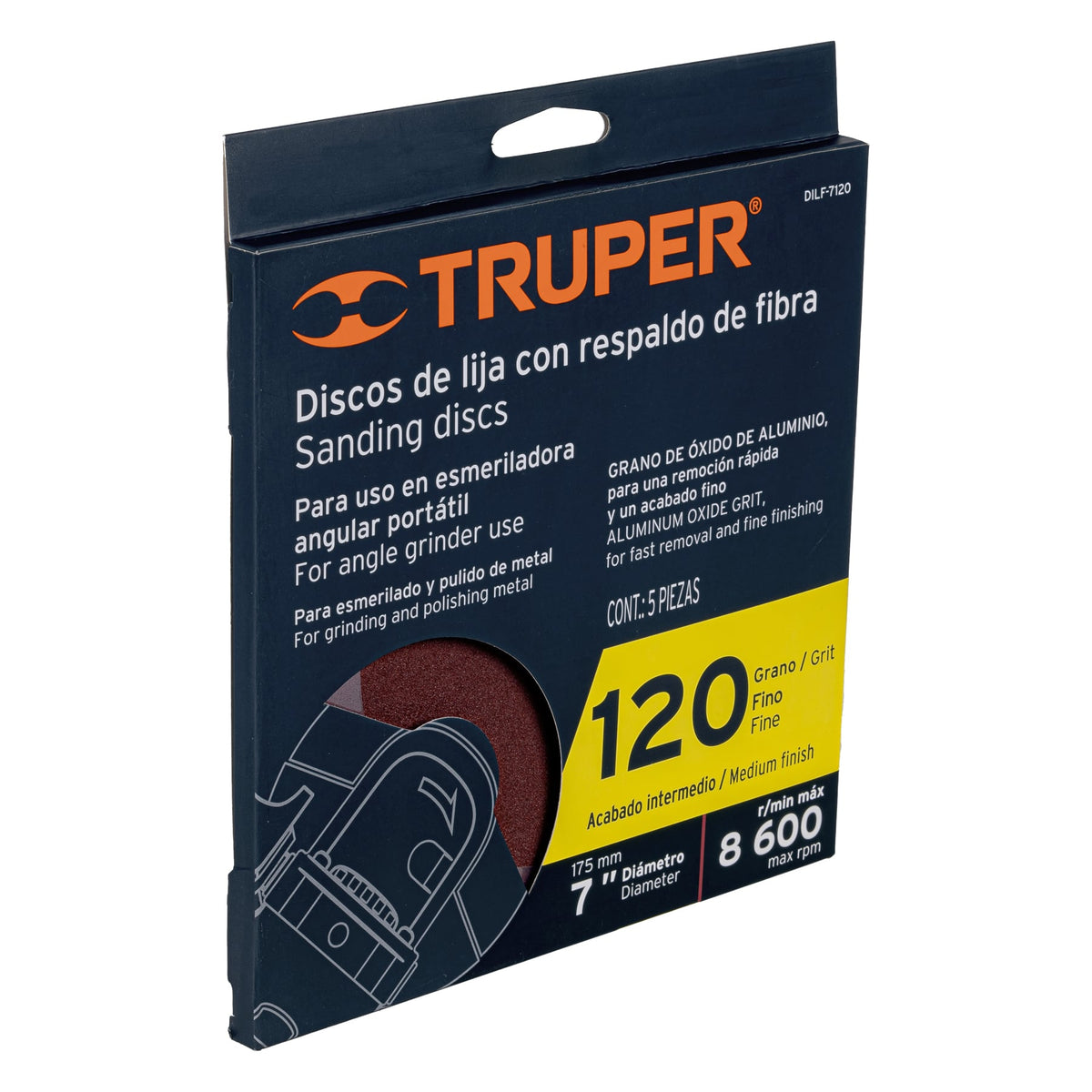 Disco de lija de 7" con respaldo de fibra, grano 120