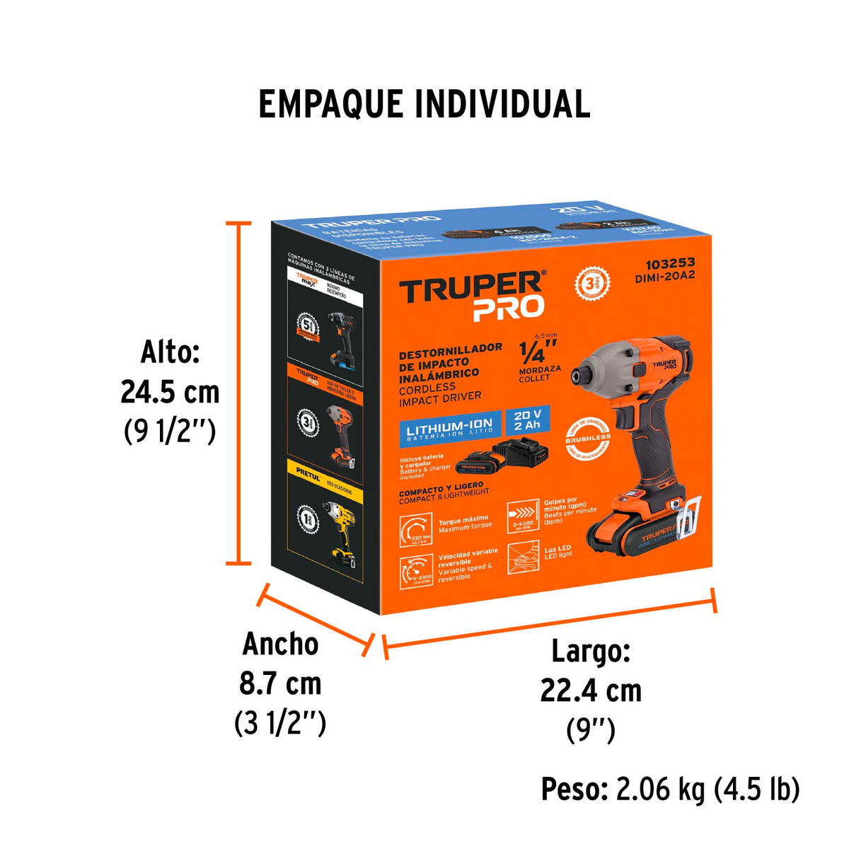 Destornillador de impacto 1/4", 20V, 1 batería 2Ah, PRO