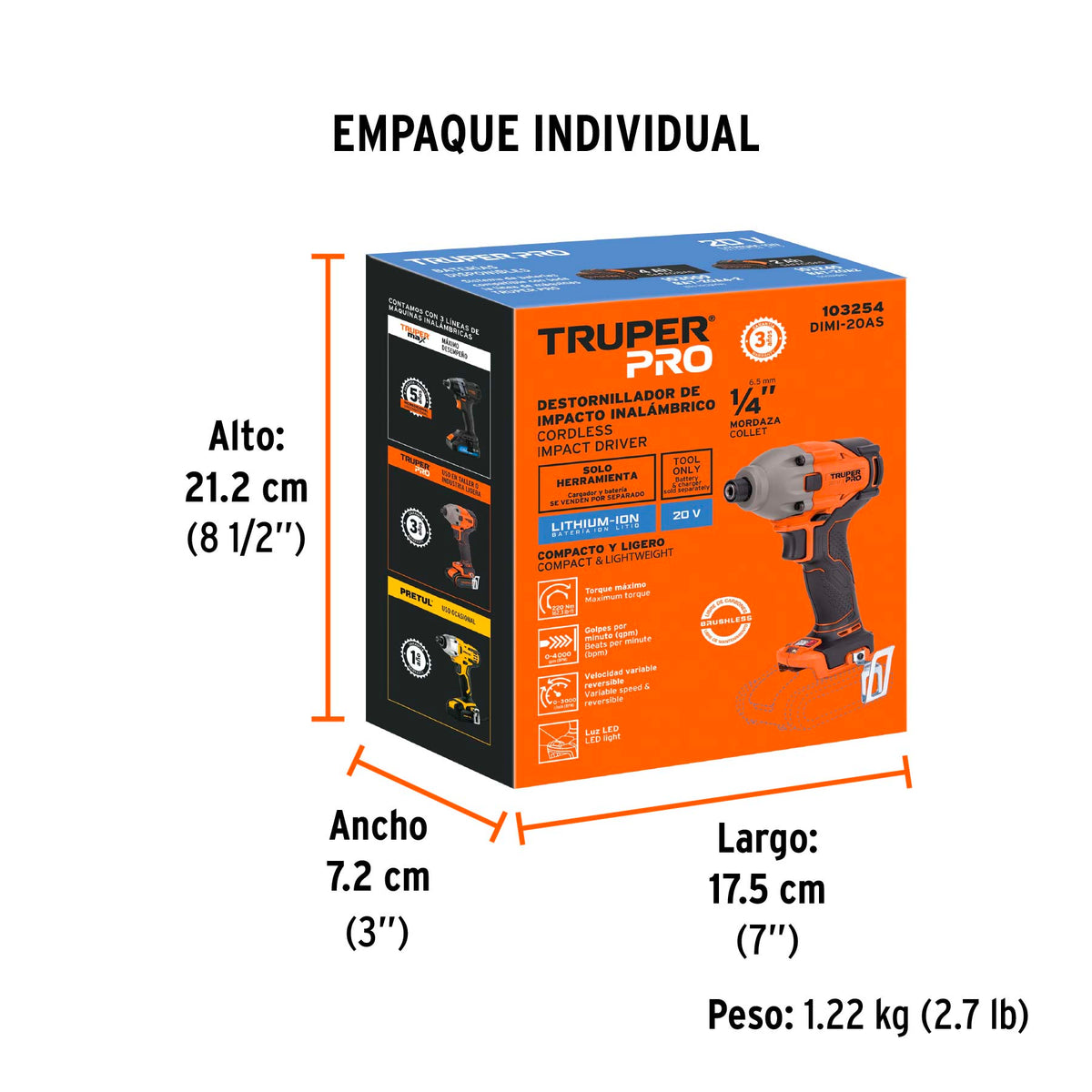 Destornillador impacto inal. 1/4', 20 V, s/accesorios, PRO